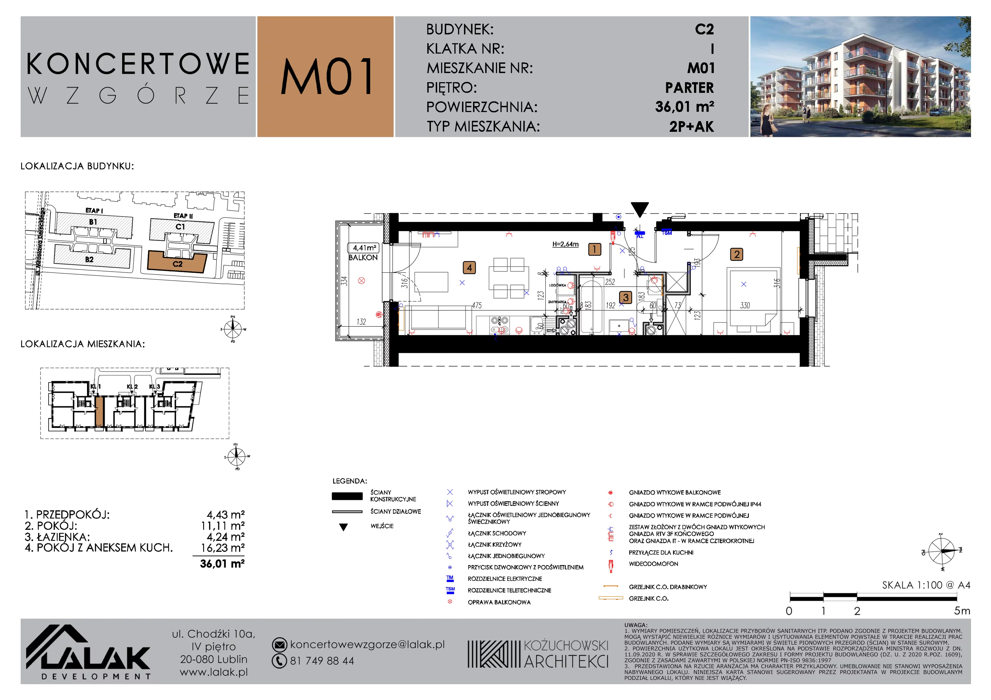 2 pokoje, mieszkanie 36,01 m², parter, oferta nr C2_M1/P, Koncertowe Wzgórze etap 2, Lublin, Czechów Północny, ul. Koncertowa