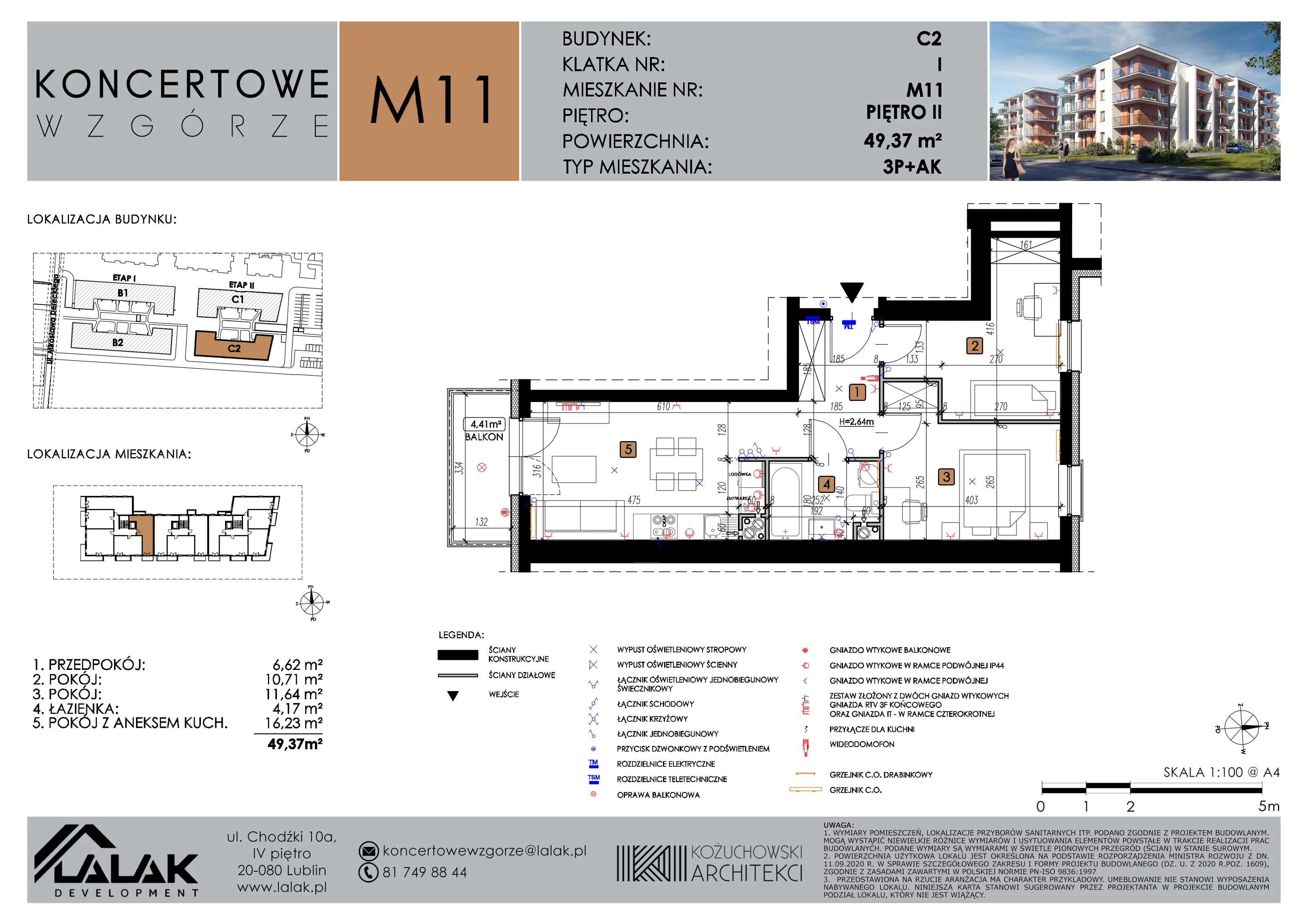 3 pokoje, mieszkanie 49,37 m², piętro 2, oferta nr C2_M11/II, Koncertowe Wzgórze etap 2, Lublin, Czechów Północny, ul. Koncertowa