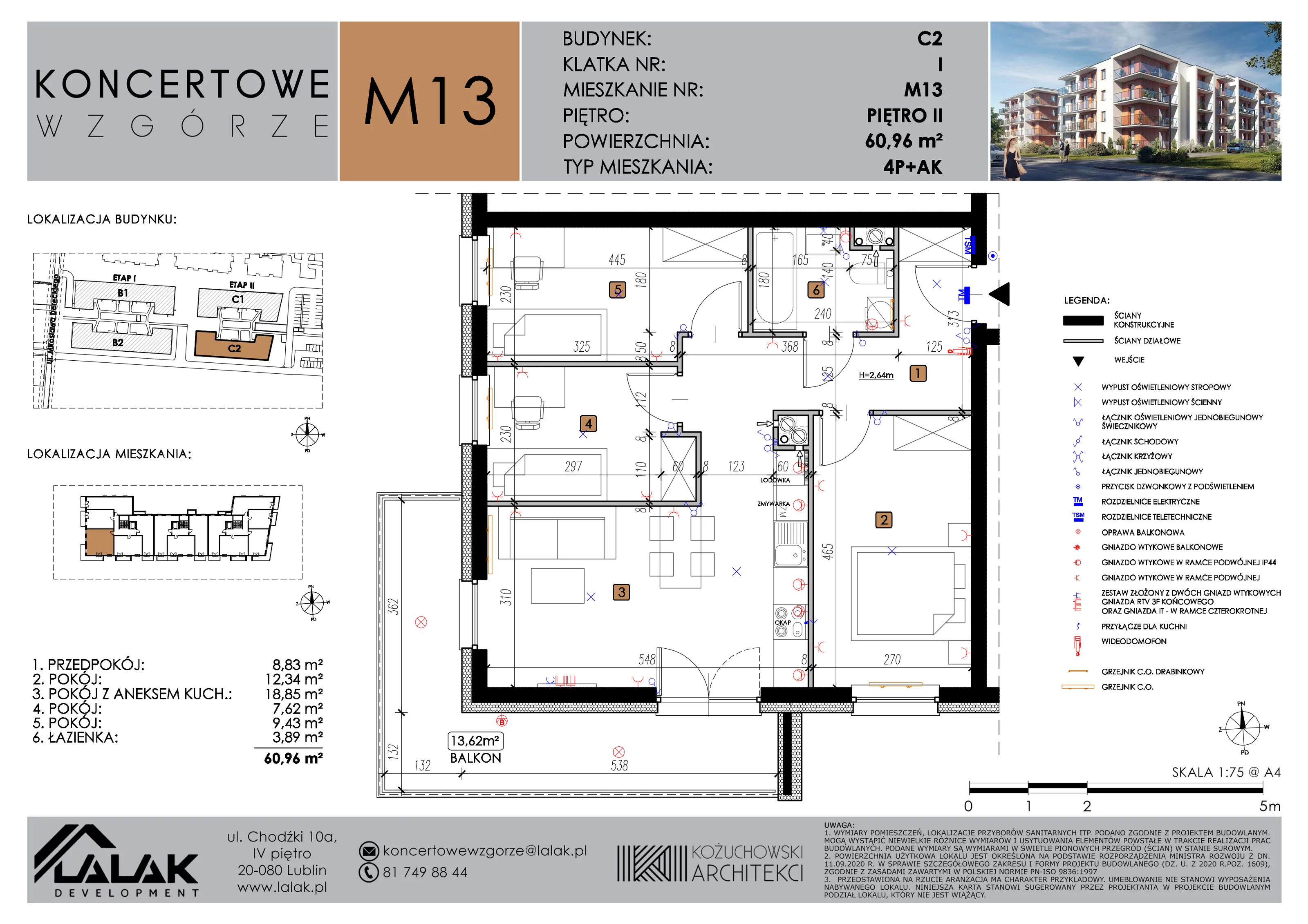 4 pokoje, mieszkanie 60,96 m², piętro 2, oferta nr C2_M13/II, Koncertowe Wzgórze etap 2, Lublin, Czechów Północny, ul. Koncertowa