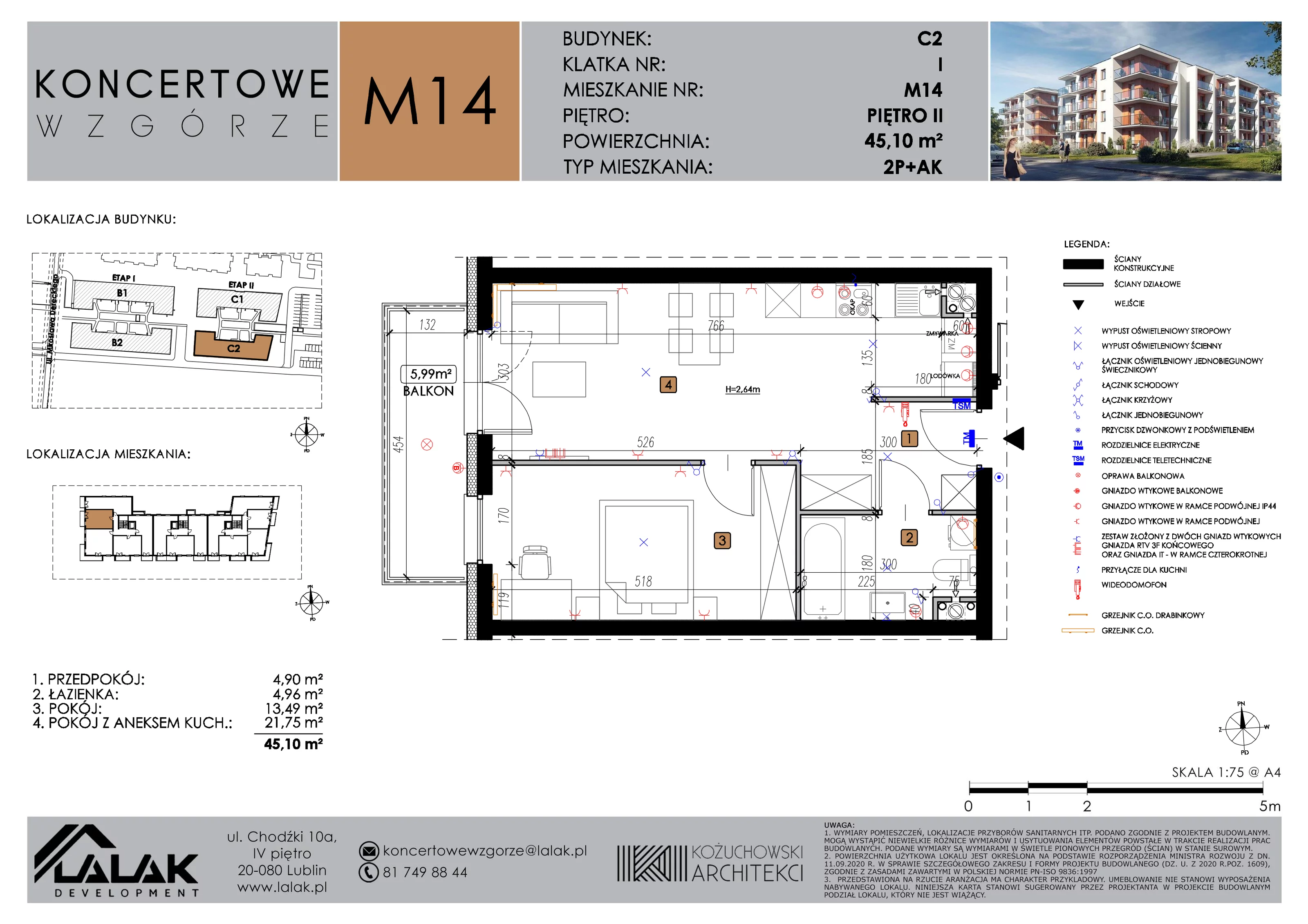 2 pokoje, mieszkanie 45,01 m², piętro 2, oferta nr C2_M14/II, Koncertowe Wzgórze etap 2, Lublin, Czechów Północny, ul. Koncertowa