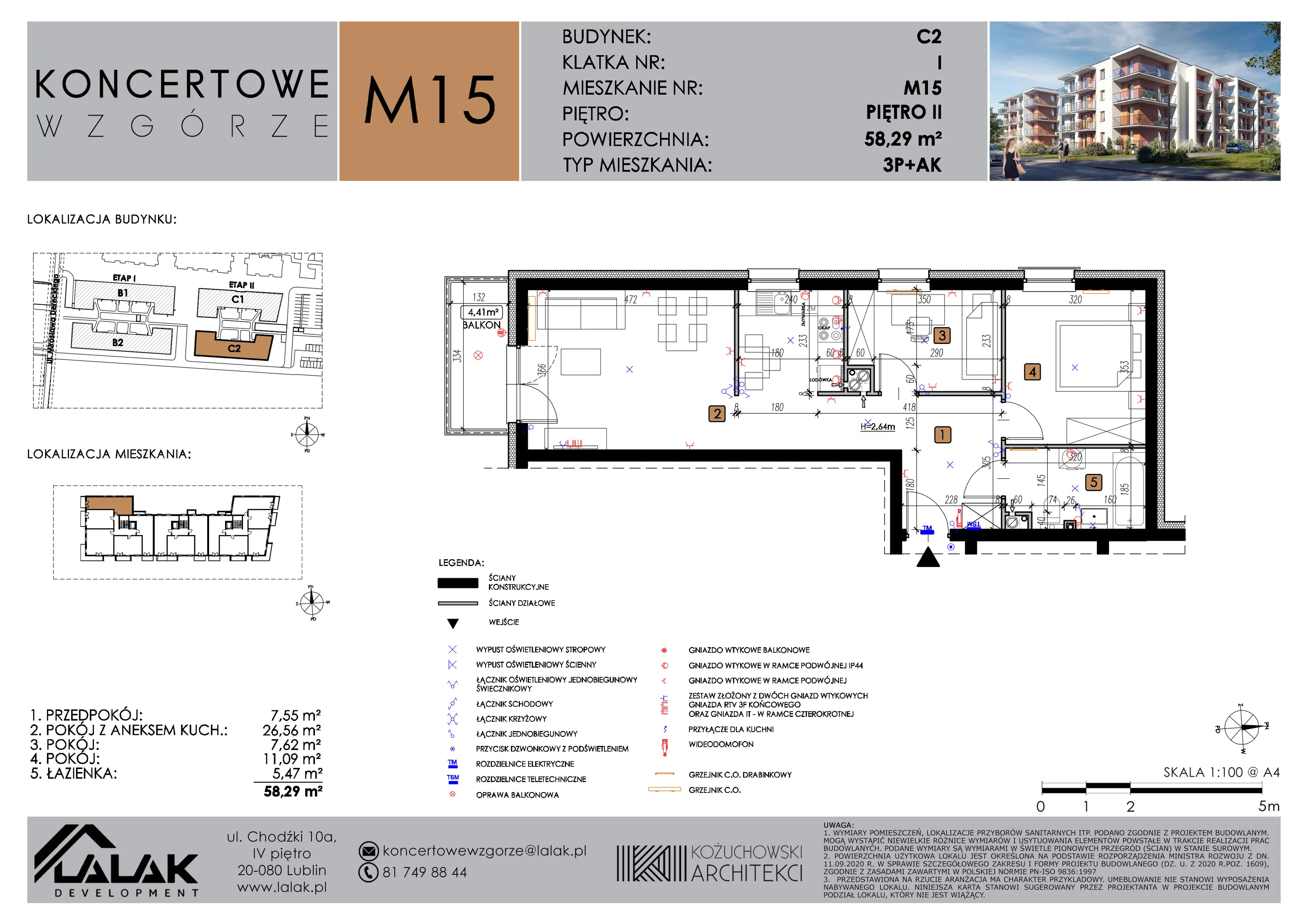 3 pokoje, mieszkanie 58,29 m², piętro 2, oferta nr C2_M15/II, Koncertowe Wzgórze etap 2, Lublin, Czechów Północny, ul. Koncertowa