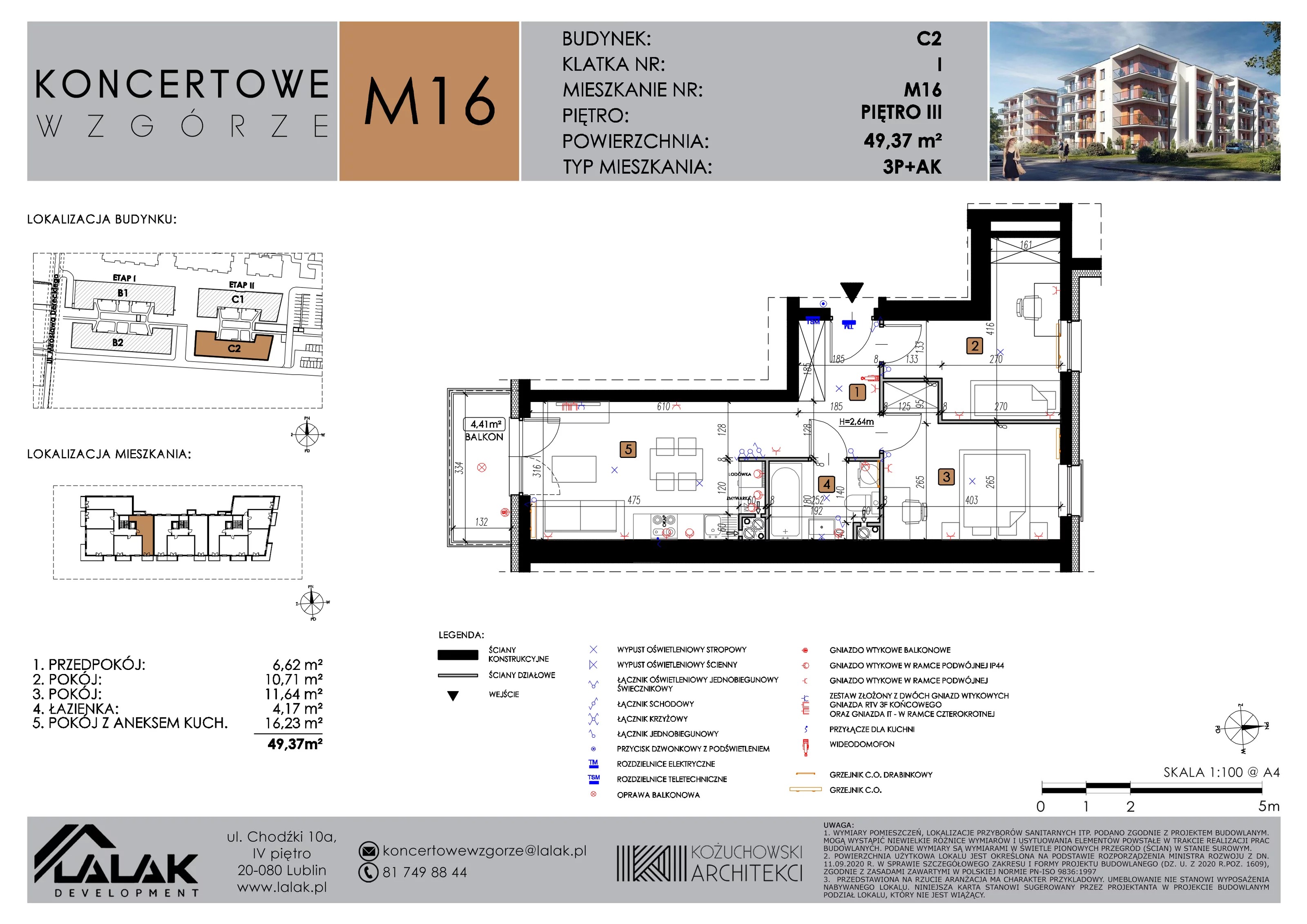3 pokoje, mieszkanie 49,37 m², piętro 3, oferta nr C2_M16/III, Koncertowe Wzgórze etap 2, Lublin, Czechów Północny, ul. Koncertowa