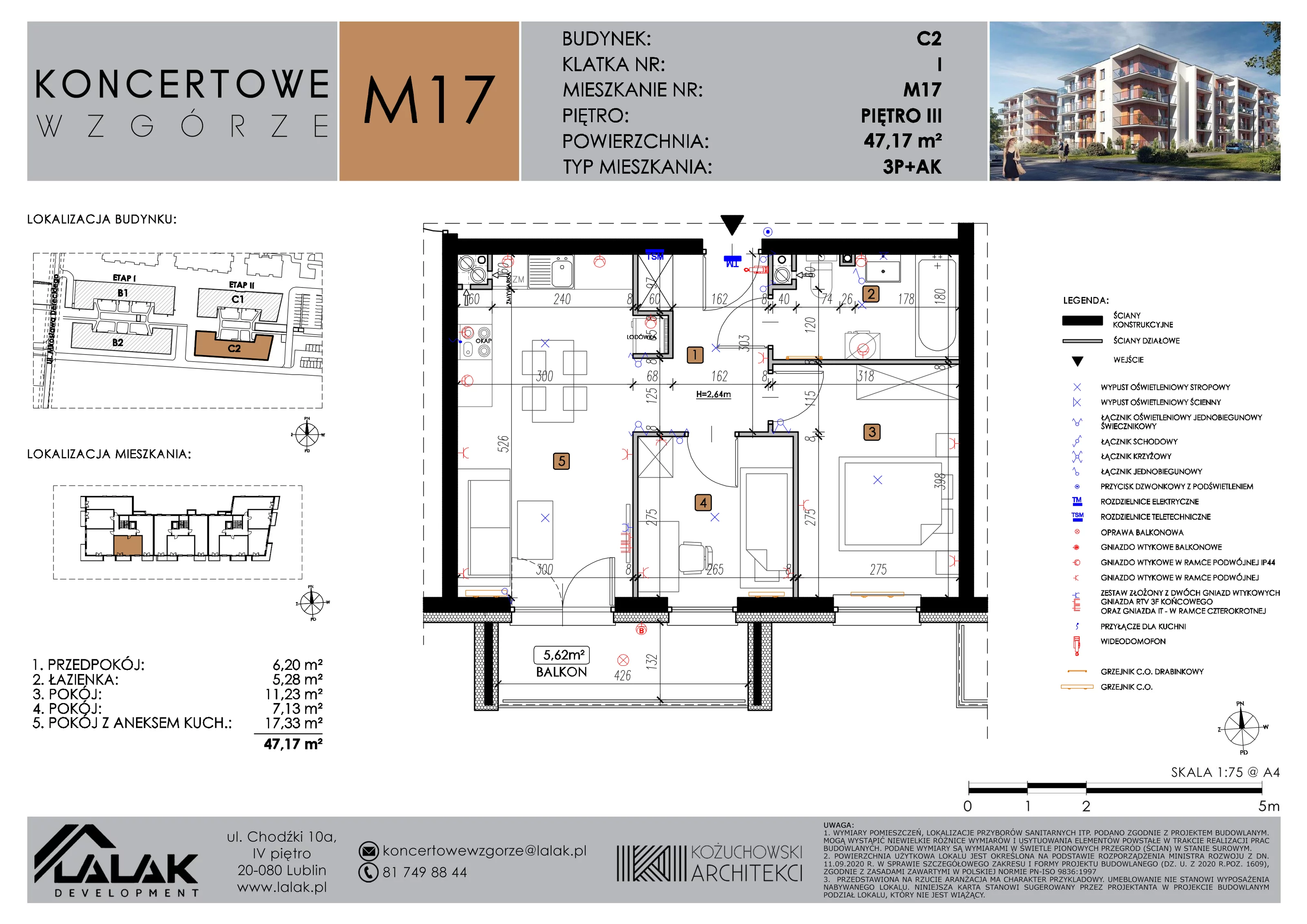 3 pokoje, mieszkanie 47,17 m², piętro 3, oferta nr C2_M17/III, Koncertowe Wzgórze etap 2, Lublin, Czechów Północny, ul. Koncertowa
