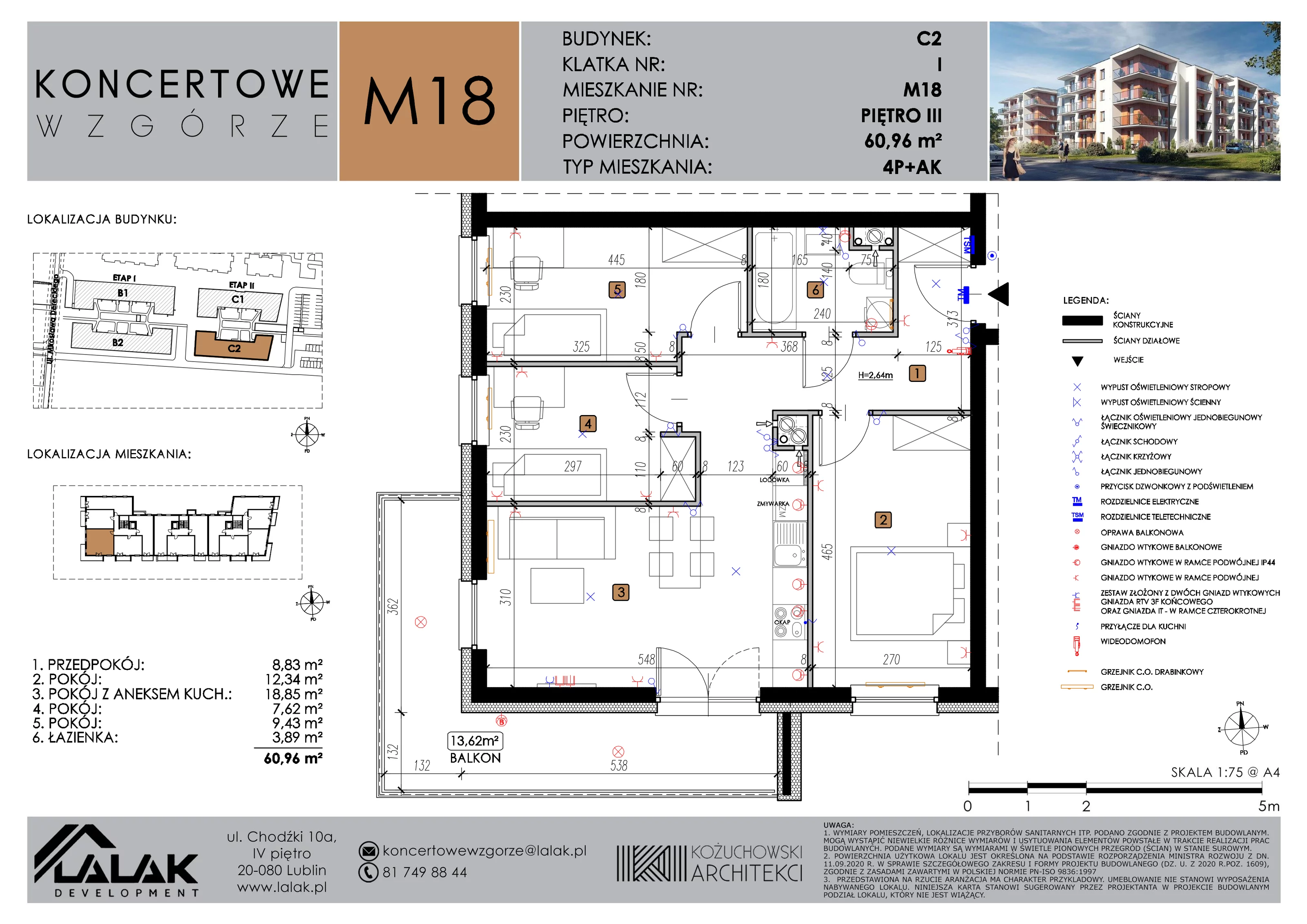 4 pokoje, mieszkanie 60,96 m², piętro 3, oferta nr C2_M18/III, Koncertowe Wzgórze etap 2, Lublin, Czechów Północny, ul. Koncertowa