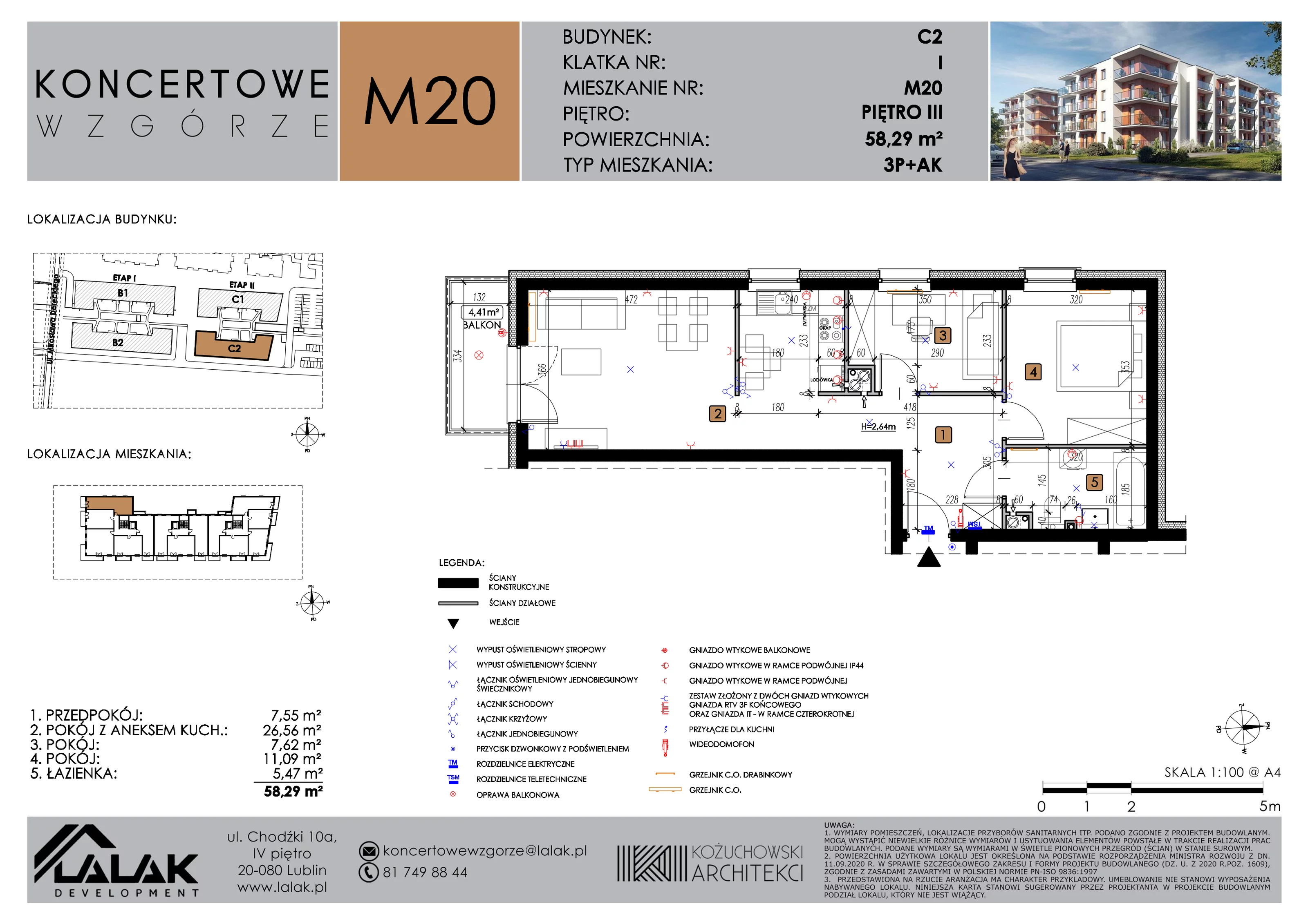 3 pokoje, mieszkanie 58,29 m², piętro 3, oferta nr C2_M20/III, Koncertowe Wzgórze etap 2, Lublin, Czechów Północny, ul. Koncertowa