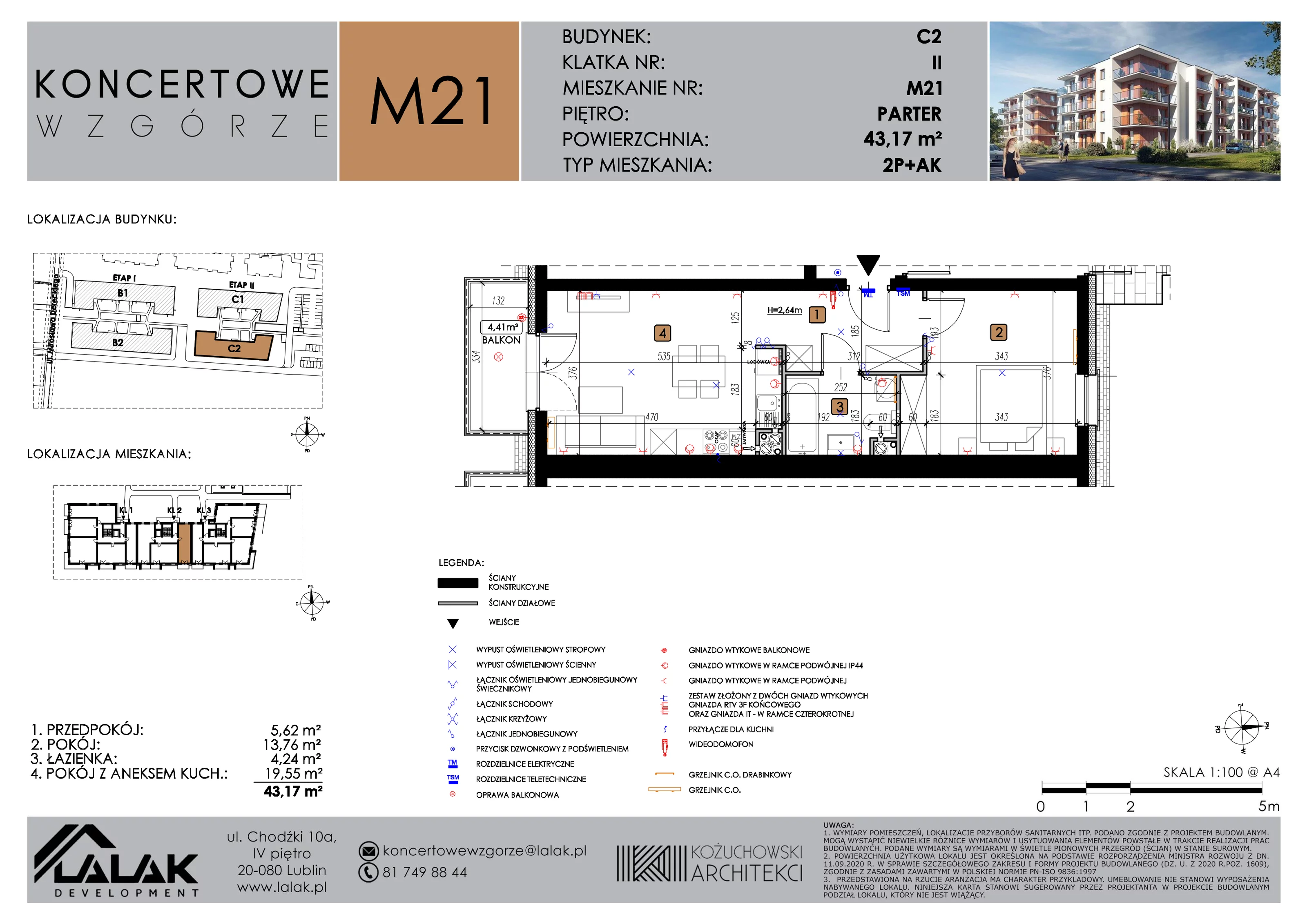 2 pokoje, mieszkanie 43,17 m², parter, oferta nr C2_M21/P, Koncertowe Wzgórze etap 2, Lublin, Czechów Północny, ul. Koncertowa