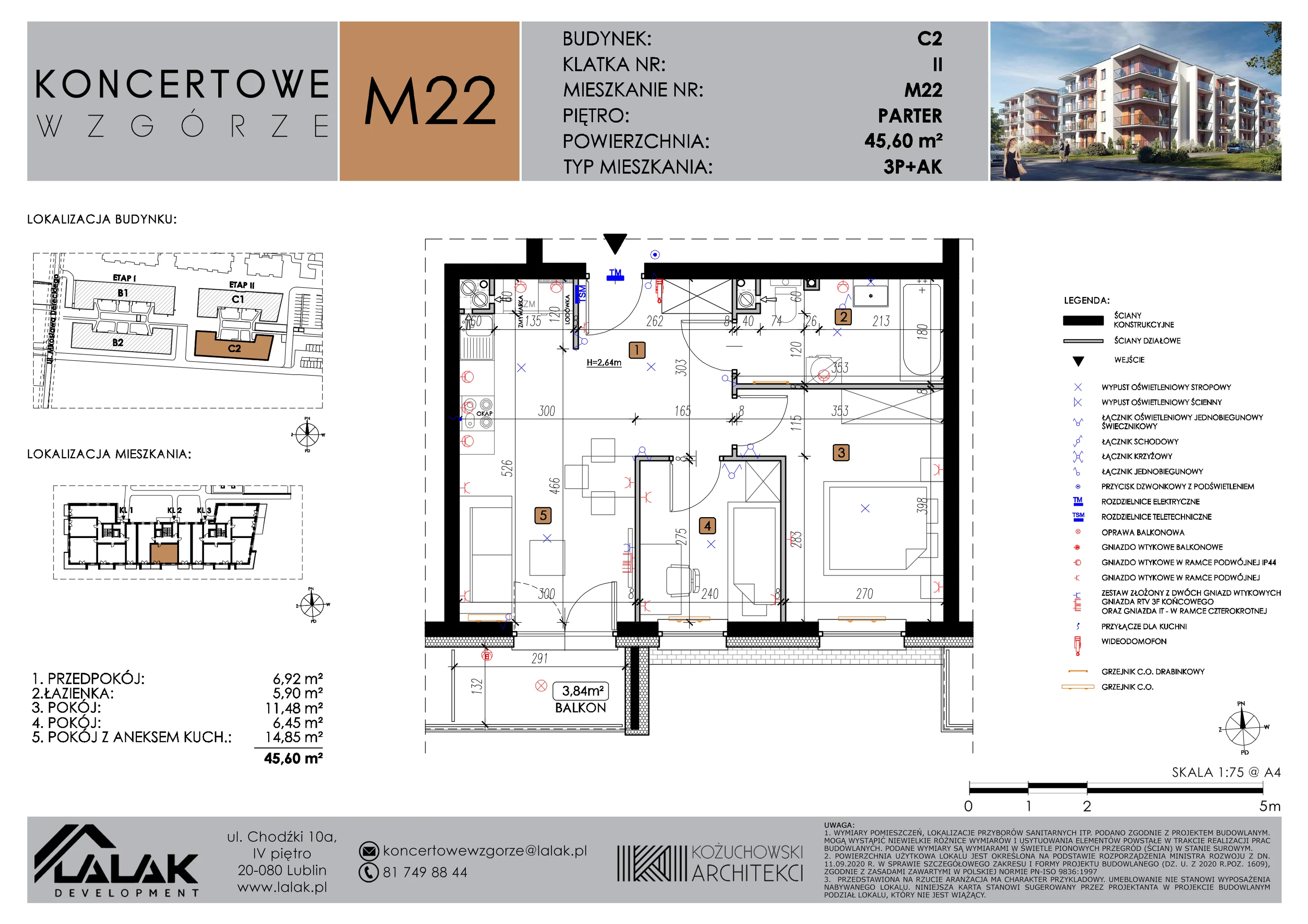 3 pokoje, mieszkanie 45,60 m², parter, oferta nr C2_M22/P, Koncertowe Wzgórze etap 2, Lublin, Czechów Północny, ul. Koncertowa