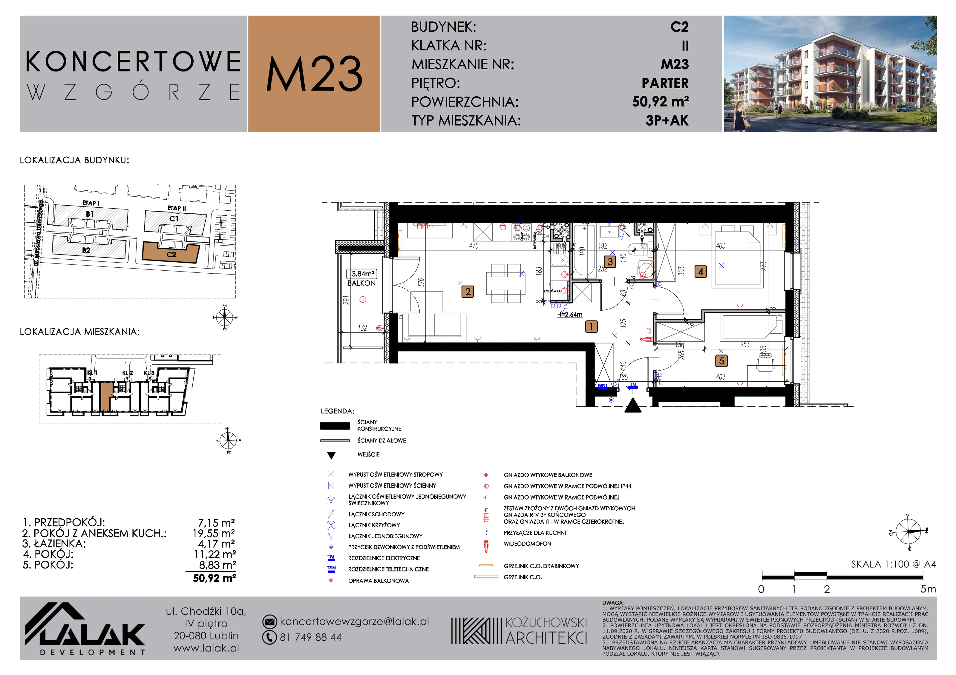 3 pokoje, mieszkanie 50,92 m², parter, oferta nr C2_M23/P, Koncertowe Wzgórze etap 2, Lublin, Czechów Północny, ul. Koncertowa