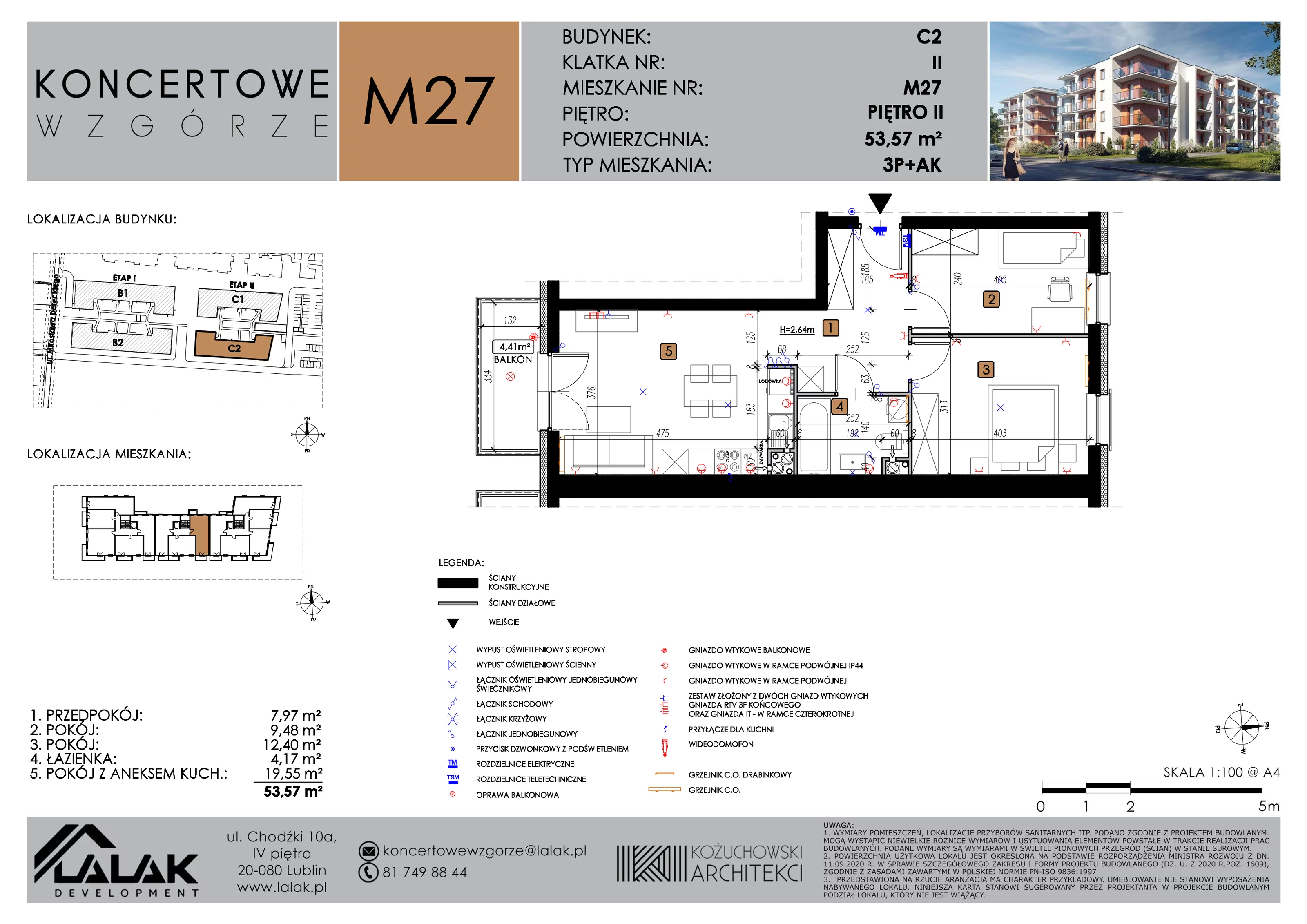 2 pokoje, mieszkanie 53,57 m², piętro 2, oferta nr C2_M27/II, Koncertowe Wzgórze etap 2, Lublin, Czechów Północny, ul. Koncertowa