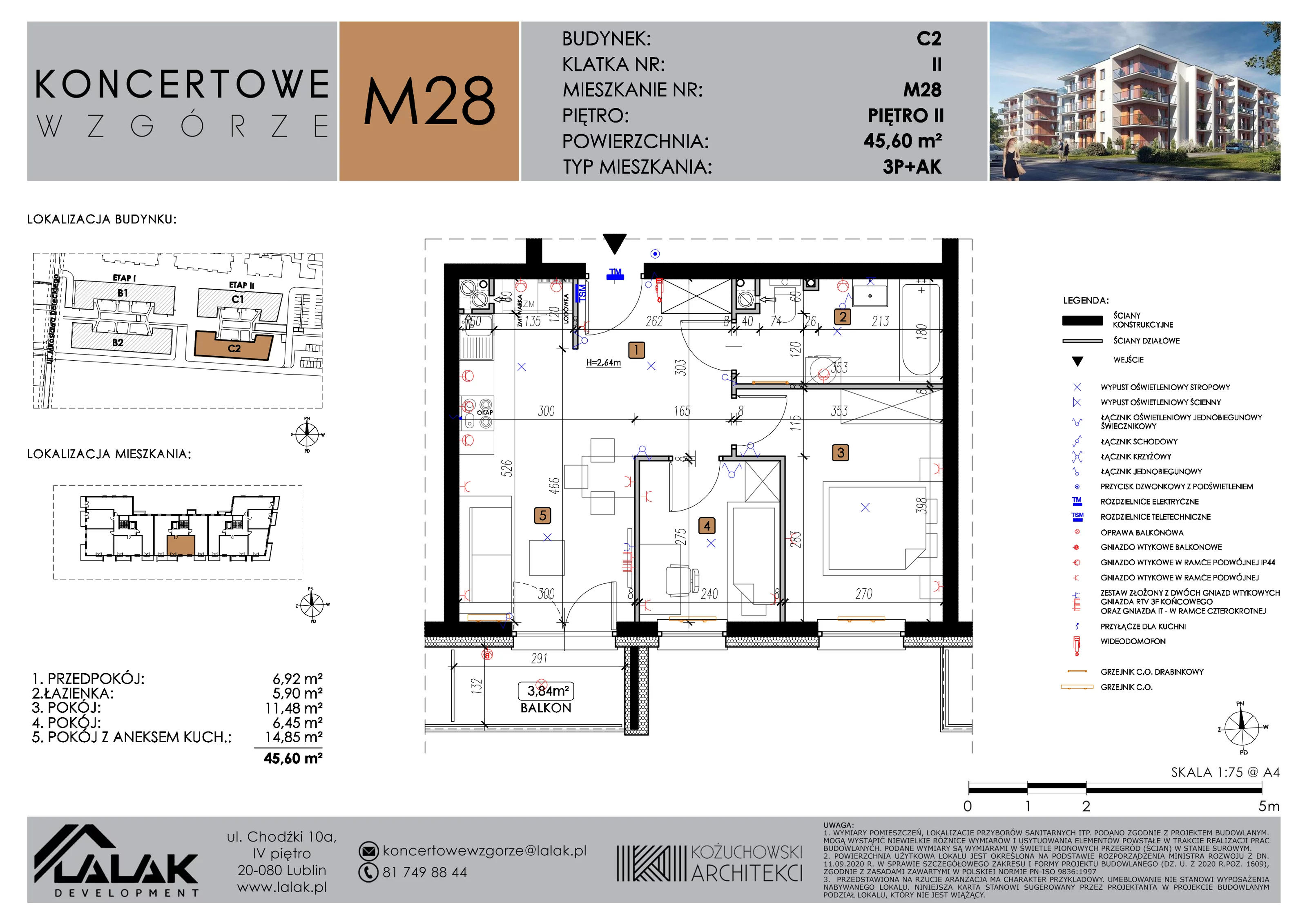 3 pokoje, mieszkanie 45,60 m², piętro 2, oferta nr C2_M28/II, Koncertowe Wzgórze etap 2, Lublin, Czechów Północny, ul. Koncertowa