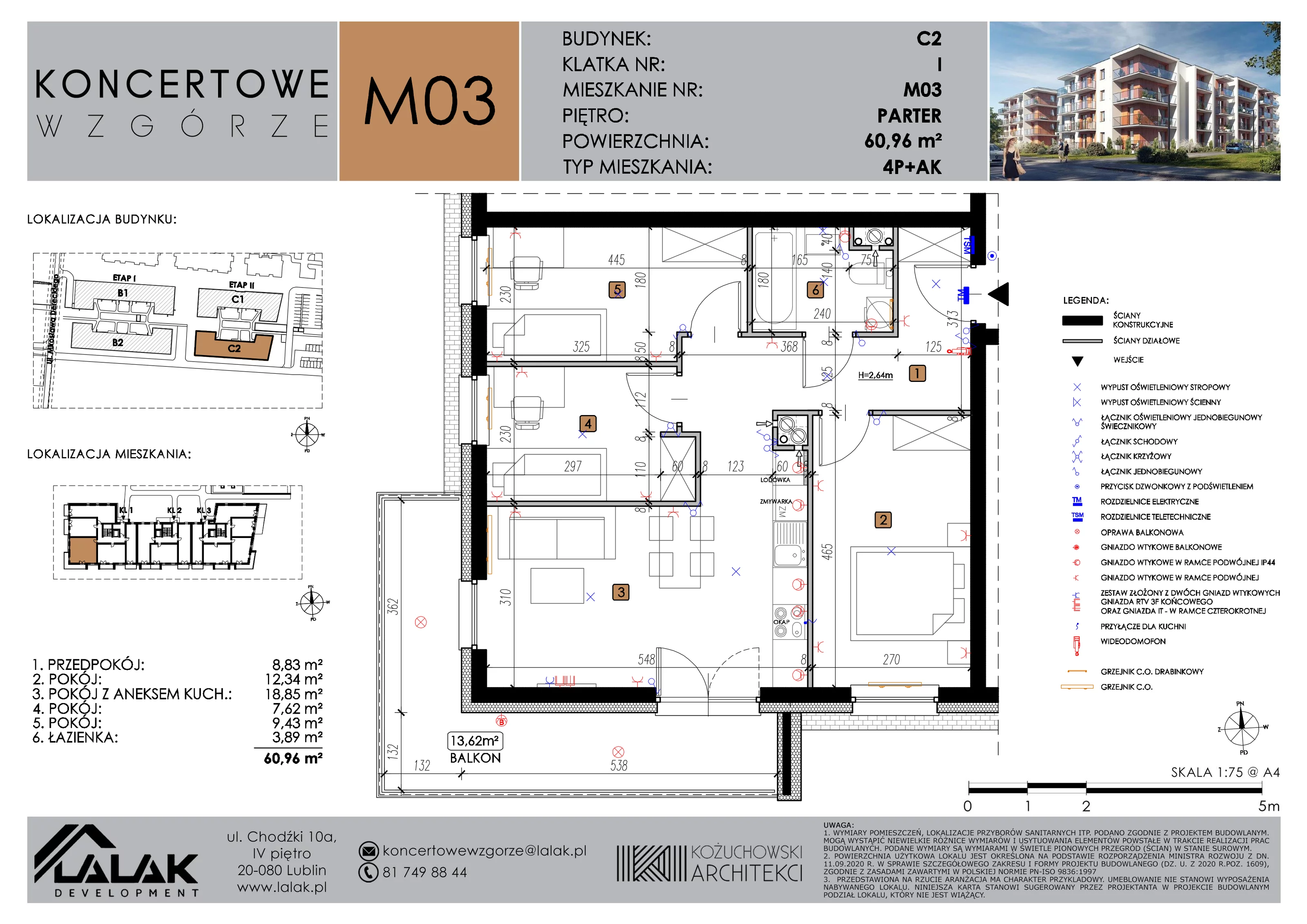 4 pokoje, mieszkanie 60,96 m², parter, oferta nr C2_M3/P, Koncertowe Wzgórze etap 2, Lublin, Czechów Północny, ul. Koncertowa