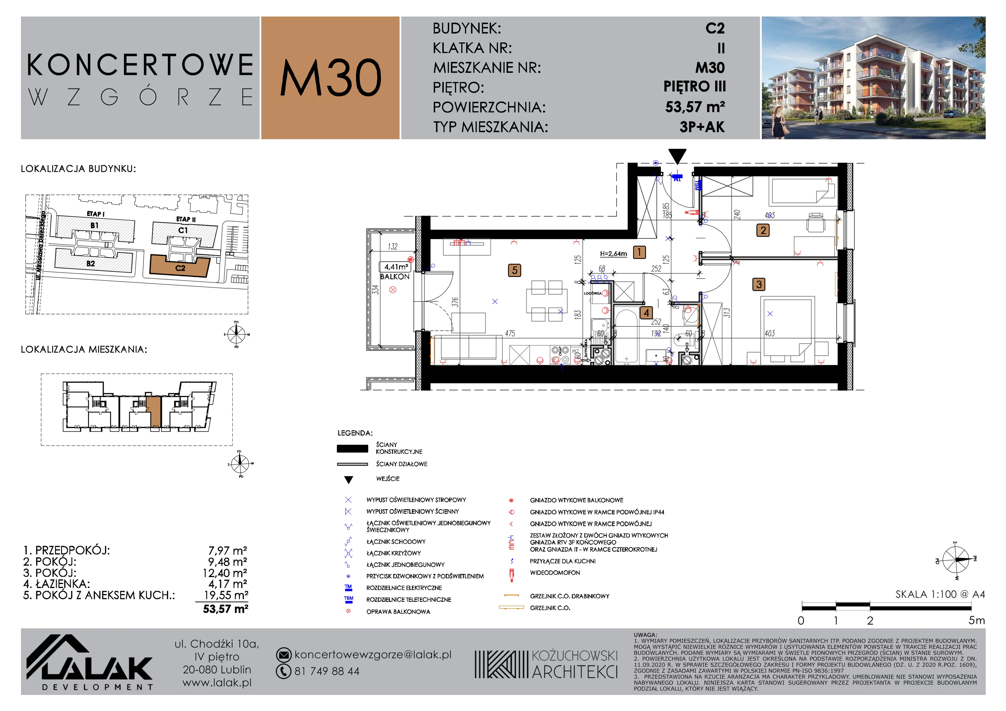2 pokoje, mieszkanie 53,57 m², piętro 3, oferta nr C2_M30/III, Koncertowe Wzgórze etap 2, Lublin, Czechów Północny, ul. Koncertowa