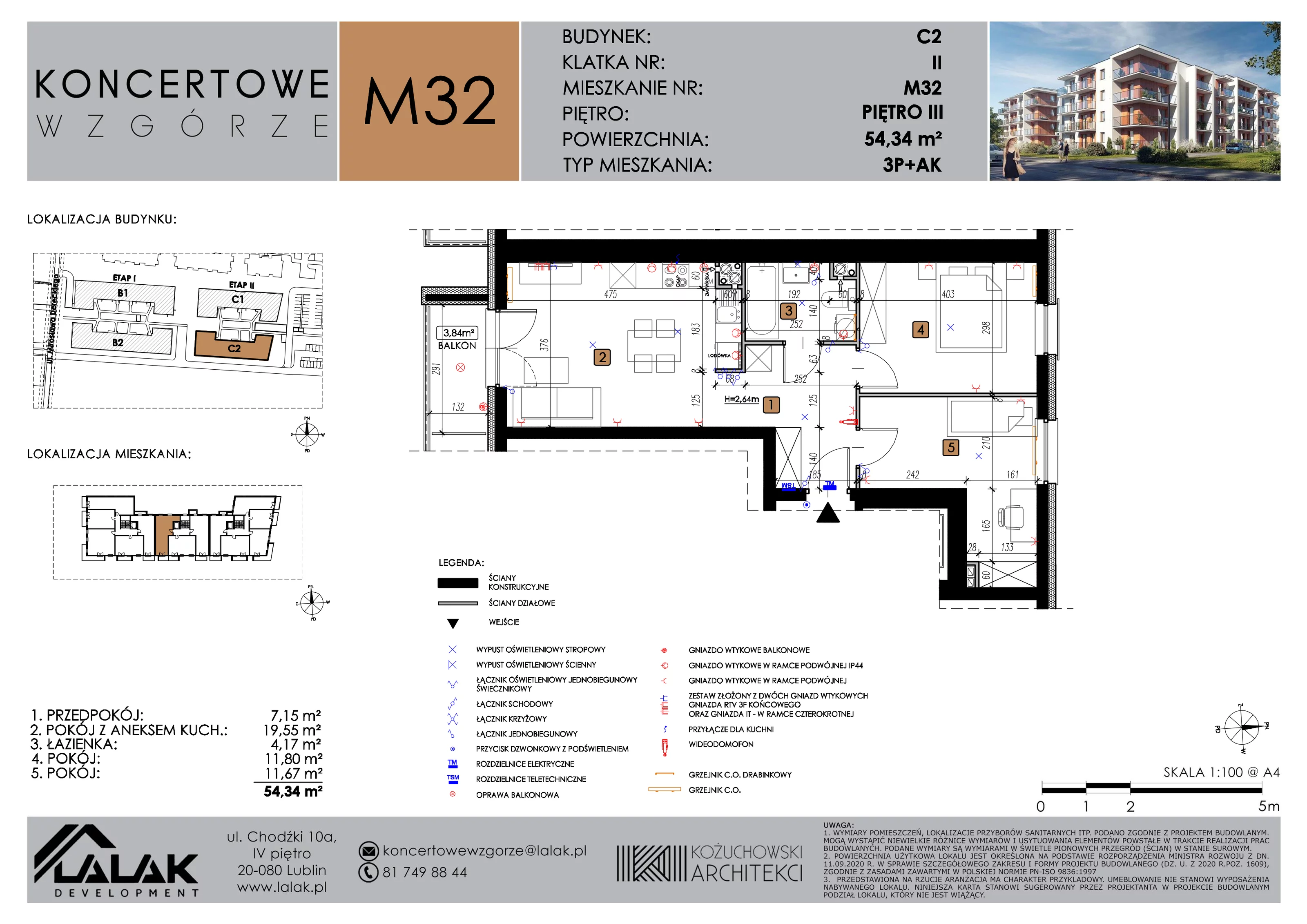 3 pokoje, mieszkanie 54,34 m², piętro 3, oferta nr C2_M32/III, Koncertowe Wzgórze etap 2, Lublin, Czechów Północny, ul. Koncertowa