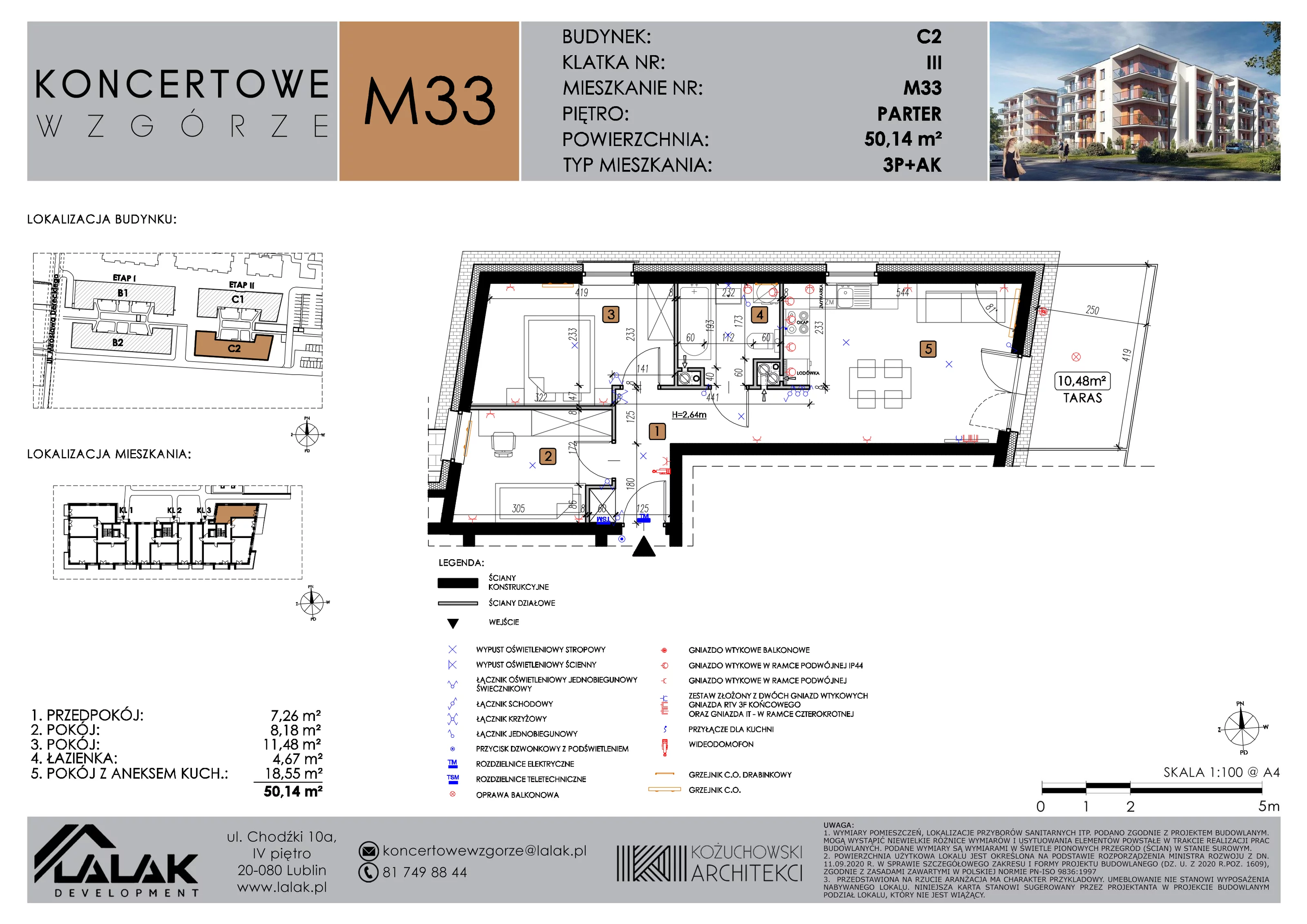 3 pokoje, mieszkanie 50,14 m², parter, oferta nr C2_M33/P, Koncertowe Wzgórze etap 2, Lublin, Czechów Północny, ul. Koncertowa