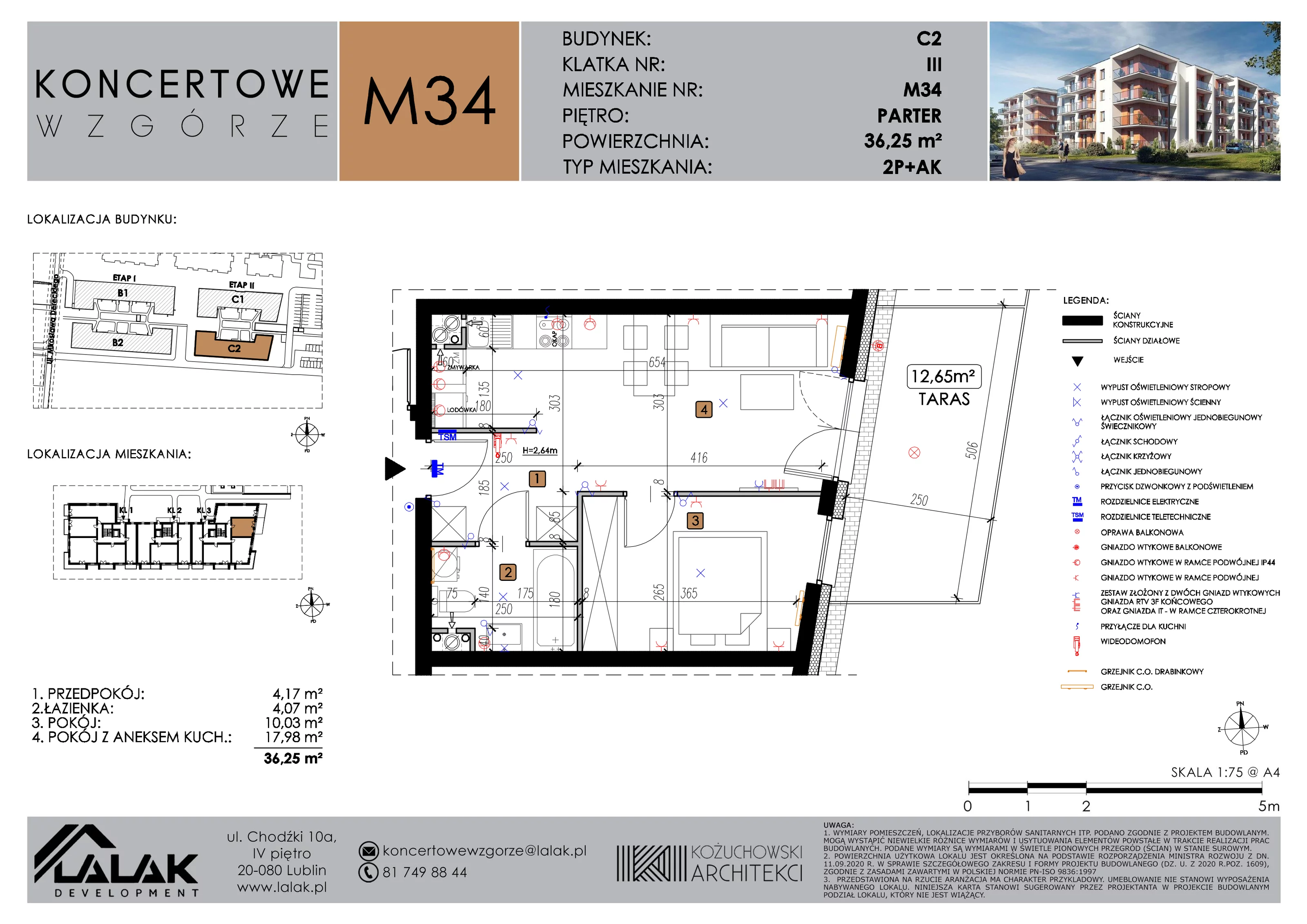 2 pokoje, mieszkanie 36,25 m², parter, oferta nr C2_M34/P, Koncertowe Wzgórze etap 2, Lublin, Czechów Północny, ul. Koncertowa