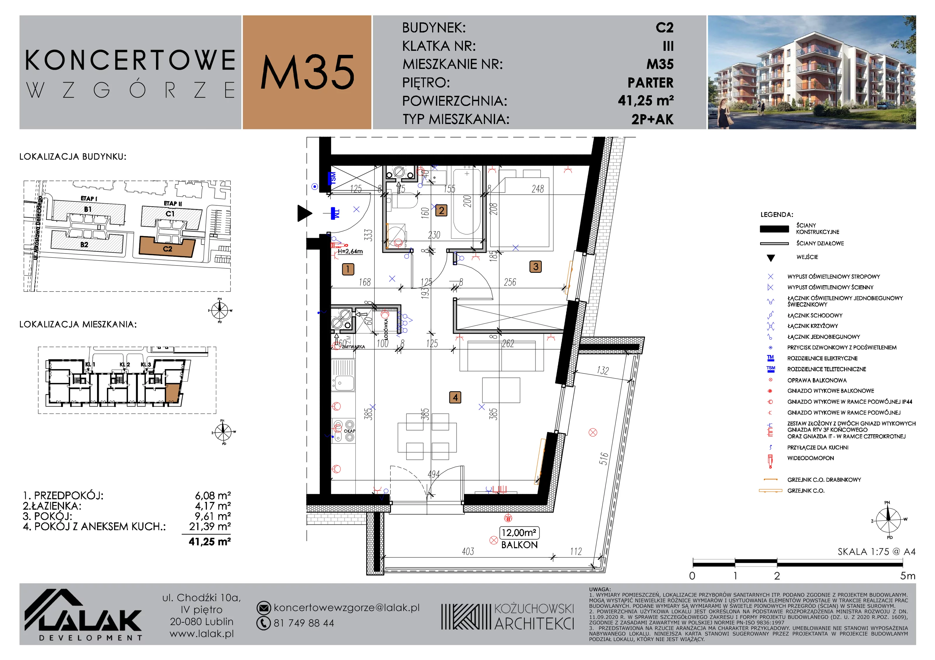 2 pokoje, mieszkanie 41,25 m², parter, oferta nr C2_M35/P, Koncertowe Wzgórze etap 2, Lublin, Czechów Północny, ul. Koncertowa