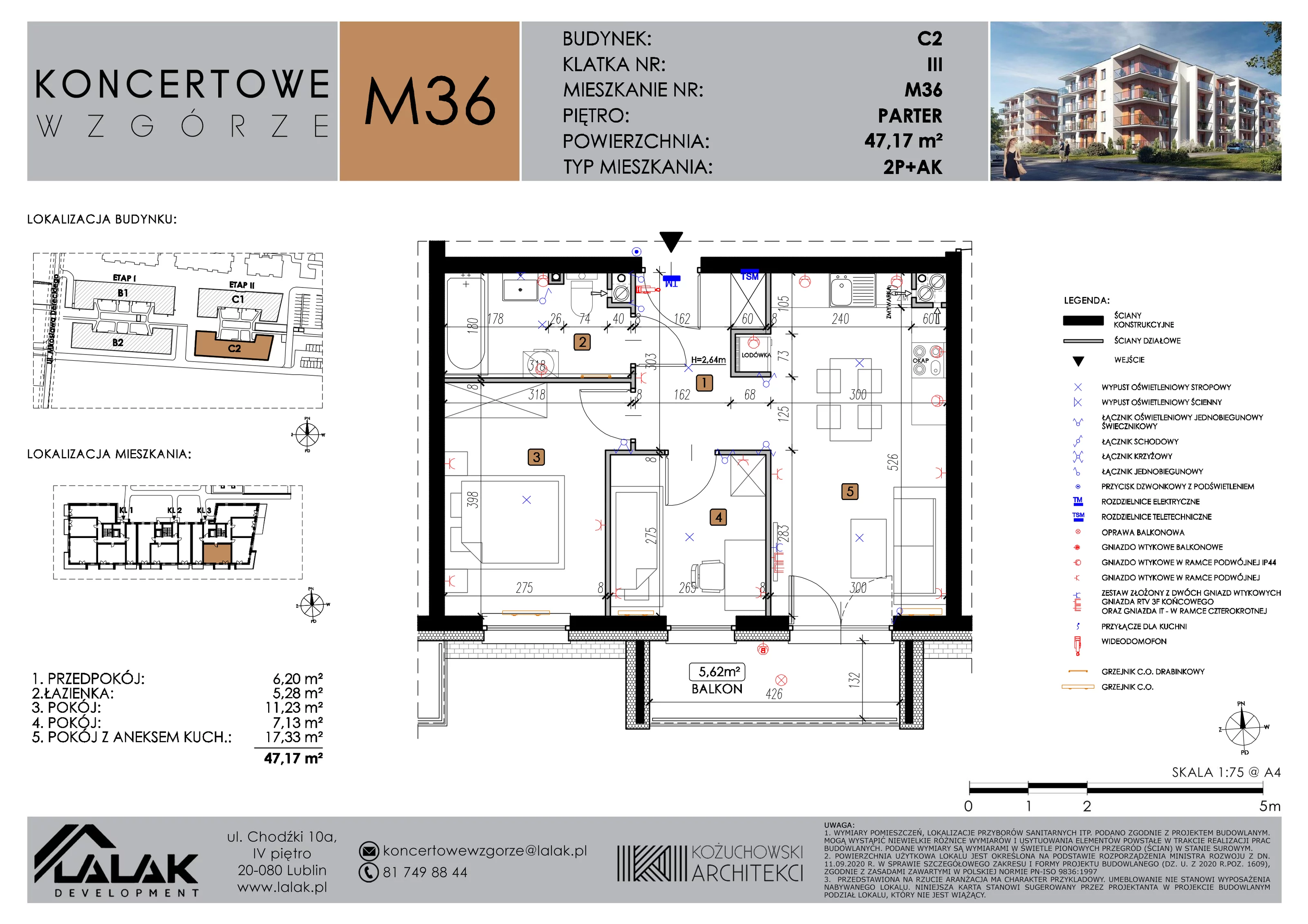 3 pokoje, mieszkanie 47,17 m², parter, oferta nr C2_M36/P, Koncertowe Wzgórze etap 2, Lublin, Czechów Północny, ul. Koncertowa