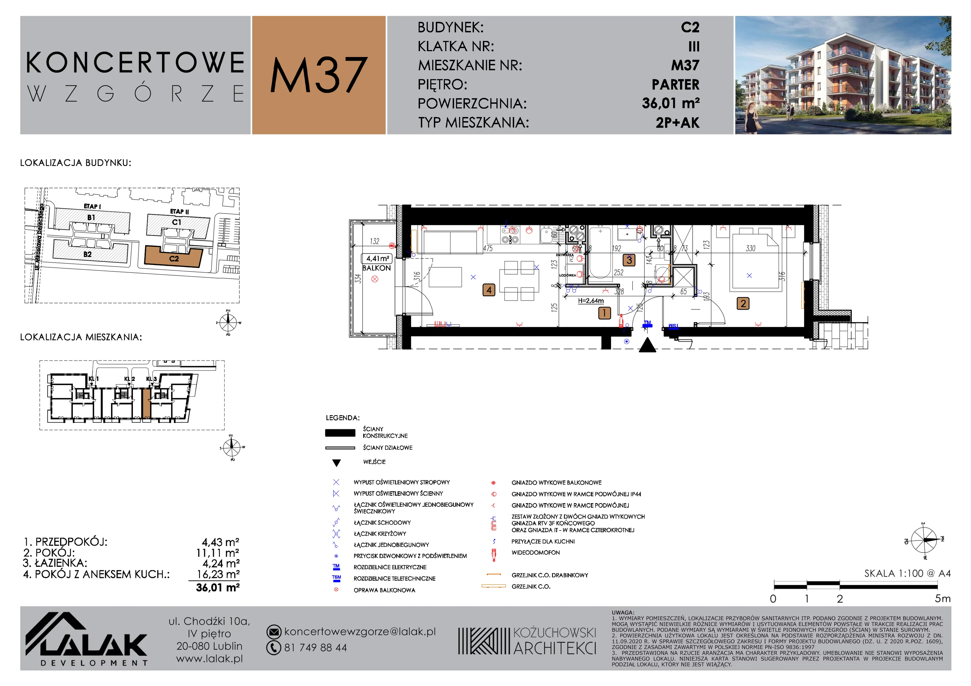 2 pokoje, mieszkanie 36,01 m², parter, oferta nr C2_M37/P, Koncertowe Wzgórze etap 2, Lublin, Czechów Północny, ul. Koncertowa