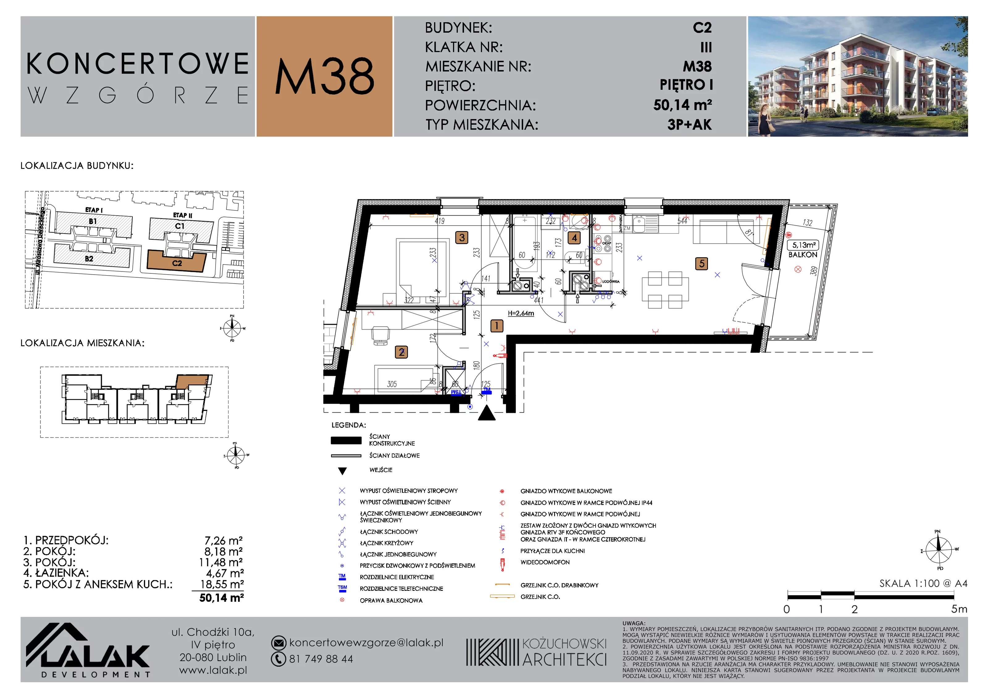 3 pokoje, mieszkanie 50,14 m², piętro 1, oferta nr C2_M38/I, Koncertowe Wzgórze etap 2, Lublin, Czechów Północny, ul. Koncertowa