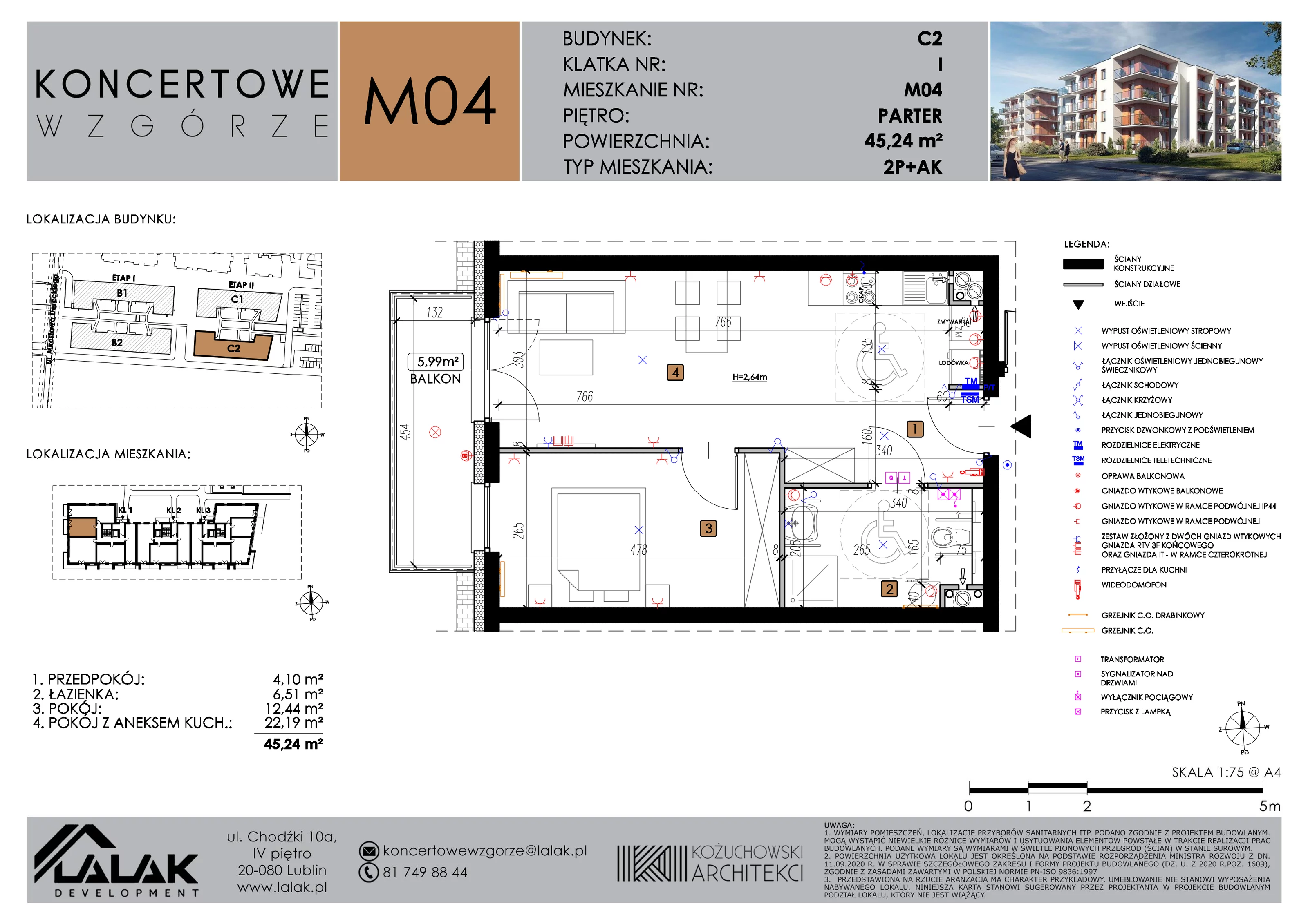 2 pokoje, mieszkanie 45,24 m², parter, oferta nr C2_M4/P, Koncertowe Wzgórze etap 2, Lublin, Czechów Północny, ul. Koncertowa