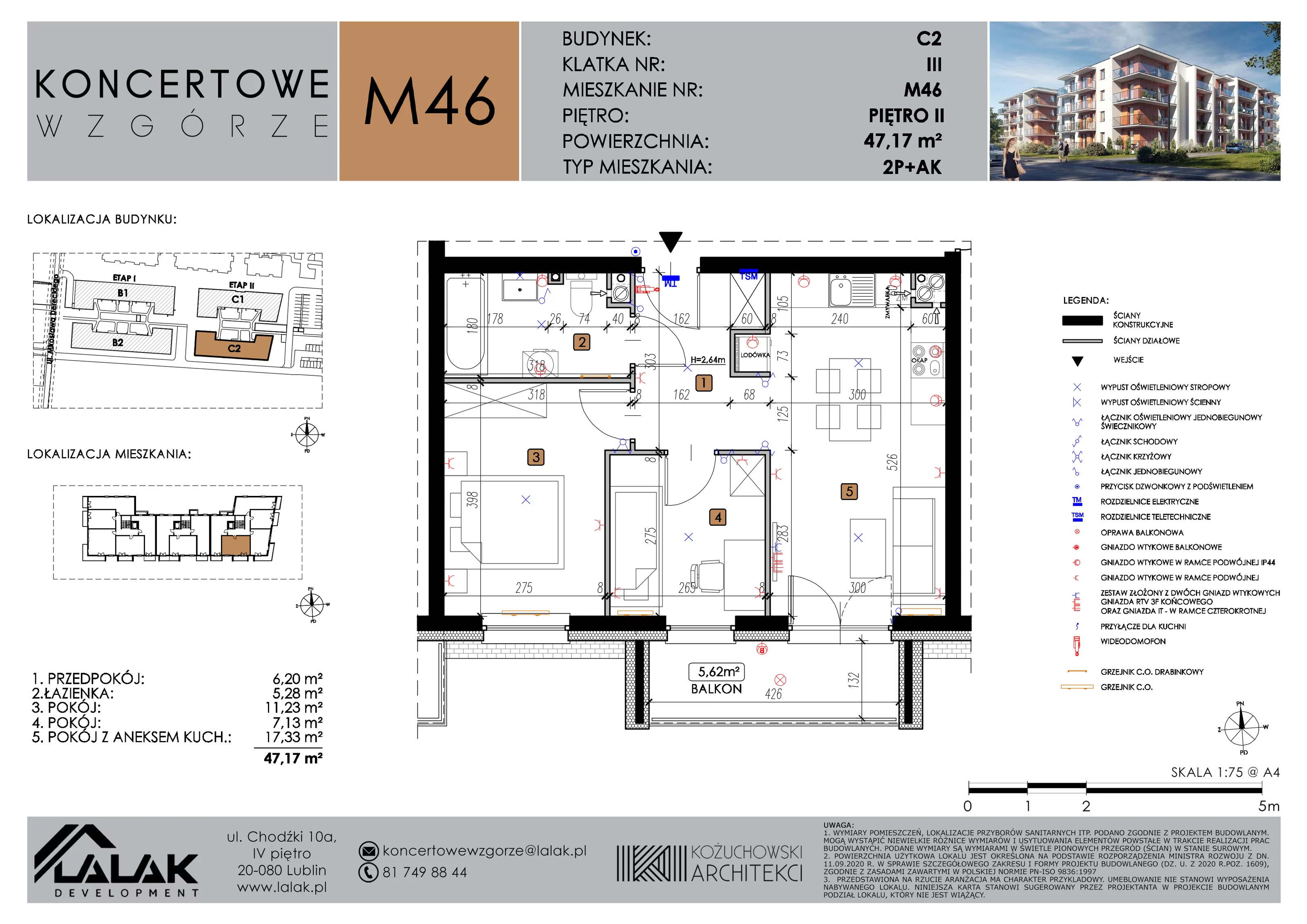 3 pokoje, mieszkanie 47,17 m², piętro 2, oferta nr C2_M46/II, Koncertowe Wzgórze etap 2, Lublin, Czechów Północny, ul. Koncertowa
