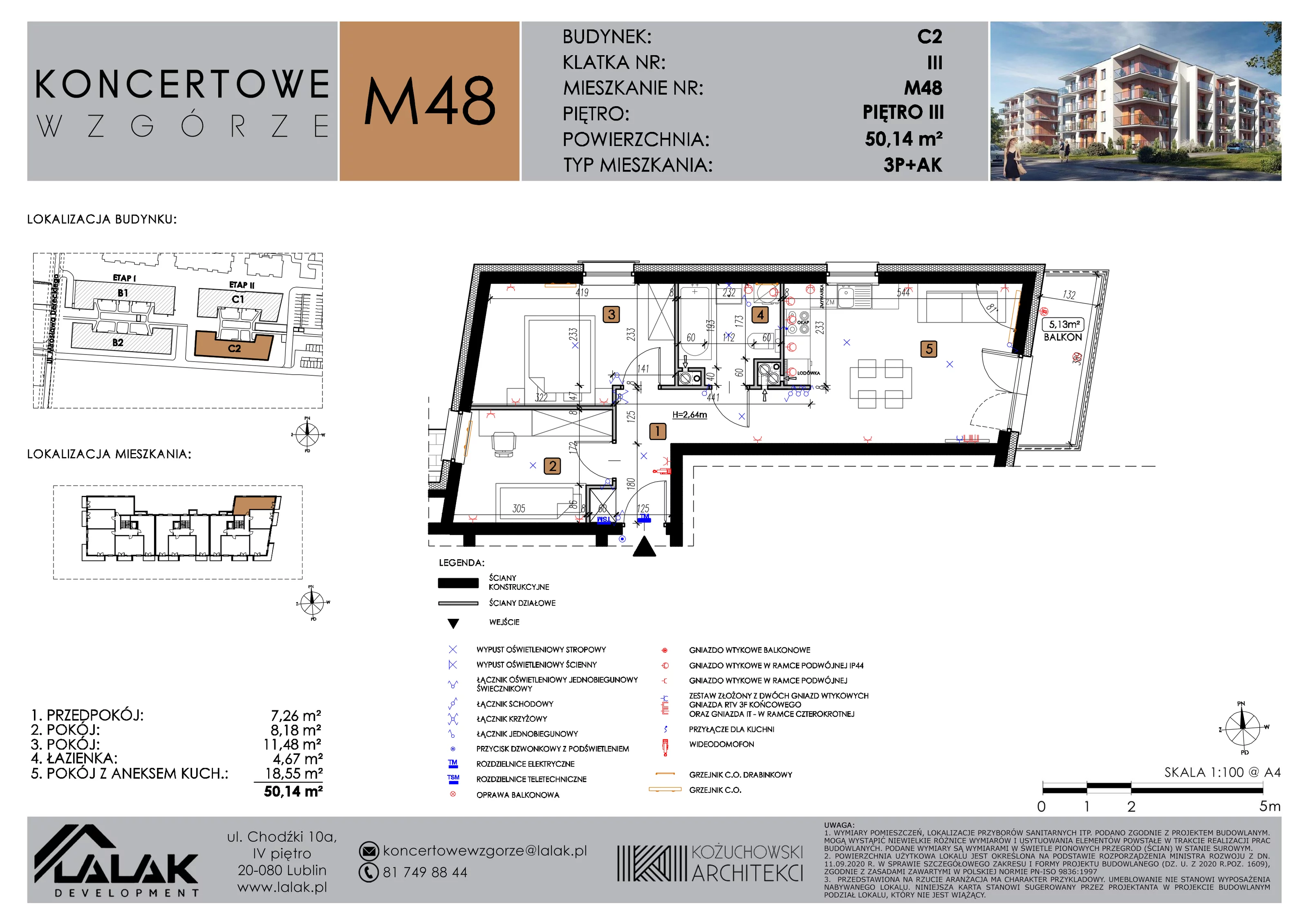 3 pokoje, mieszkanie 50,14 m², piętro 3, oferta nr C2_M48/III, Koncertowe Wzgórze etap 2, Lublin, Czechów Północny, ul. Koncertowa