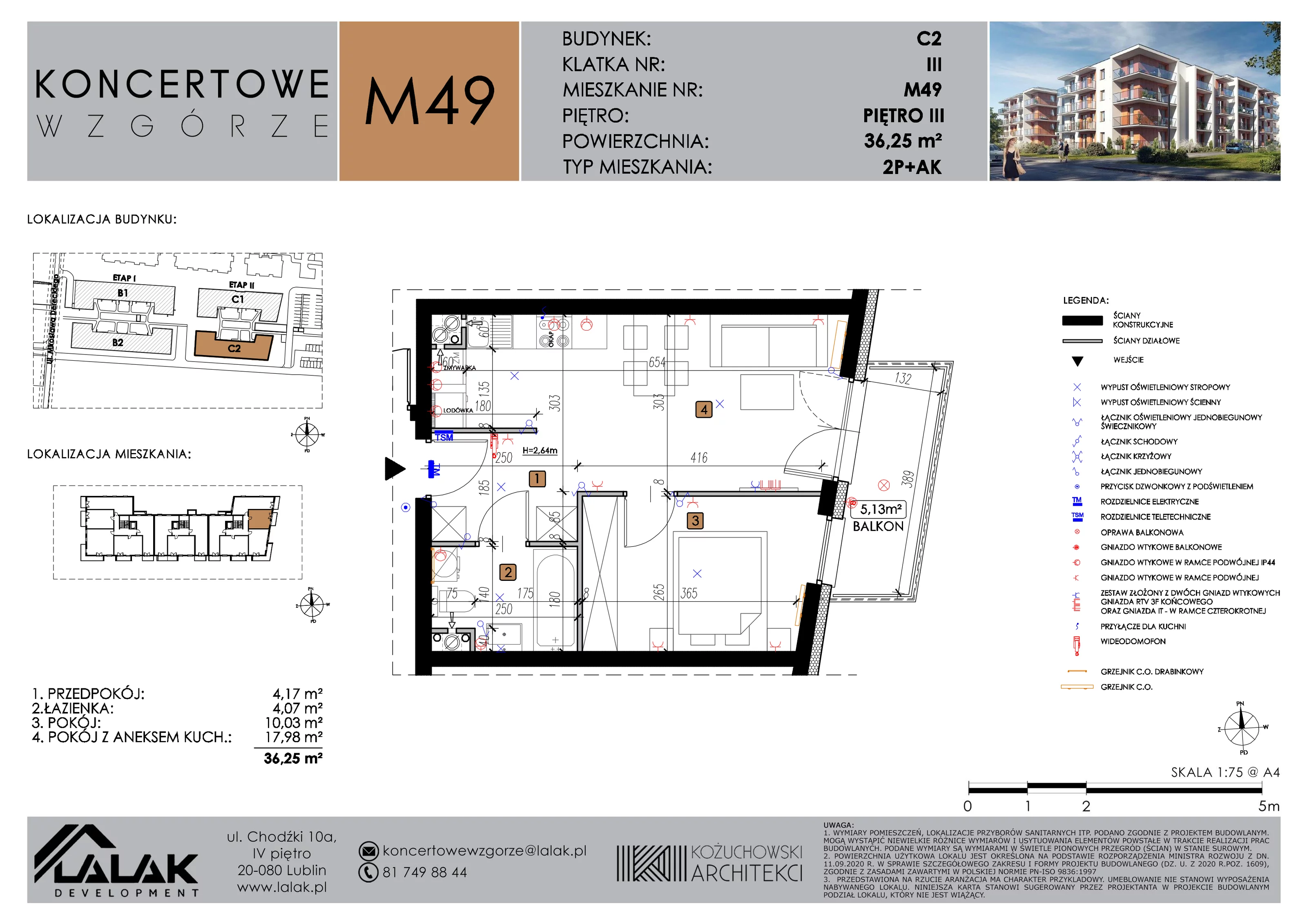 2 pokoje, mieszkanie 36,25 m², piętro 3, oferta nr C2_M49/III, Koncertowe Wzgórze etap 2, Lublin, Czechów Północny, ul. Koncertowa