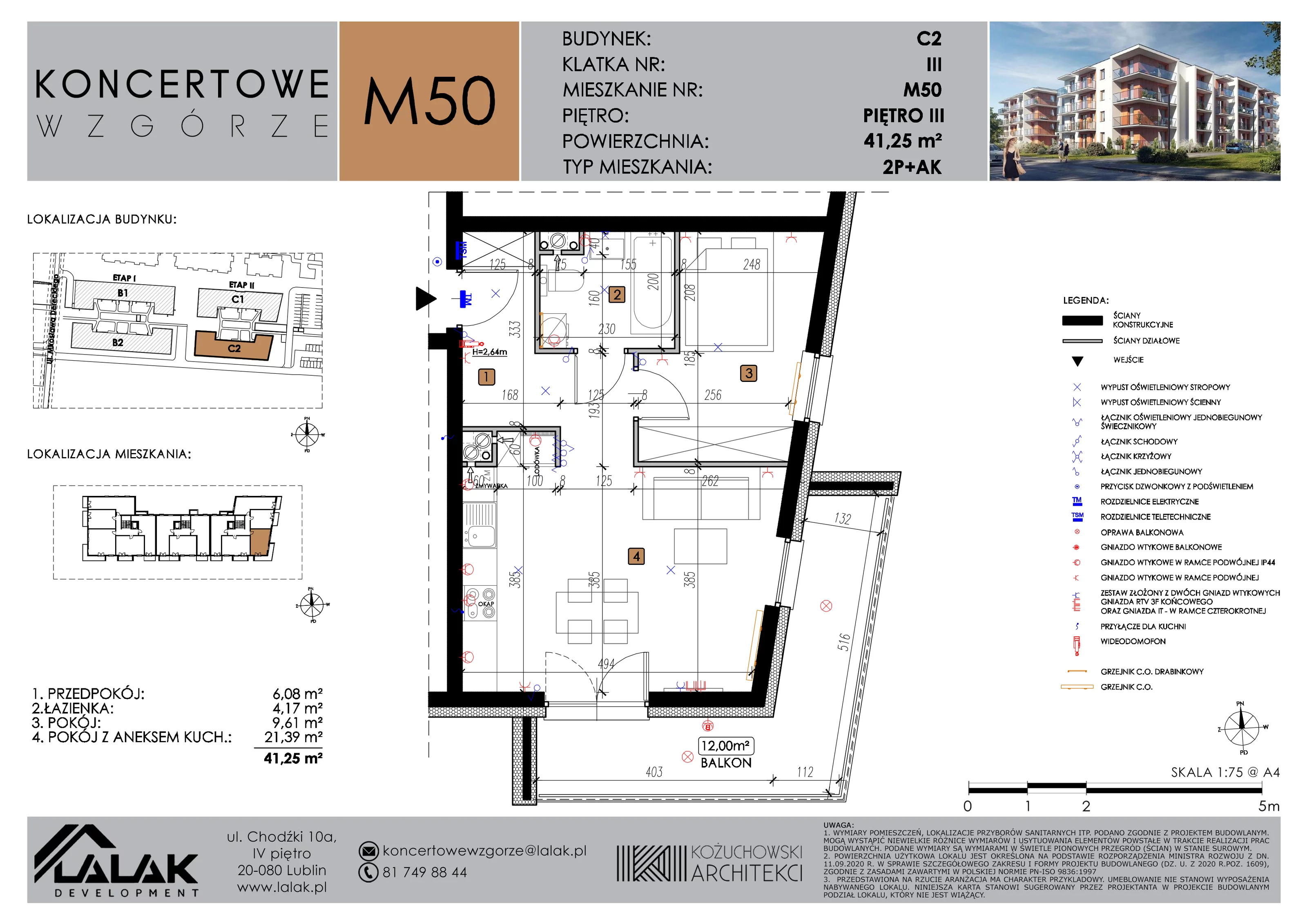 2 pokoje, mieszkanie 41,25 m², piętro 3, oferta nr C2_M50/III, Koncertowe Wzgórze etap 2, Lublin, Czechów Północny, ul. Koncertowa