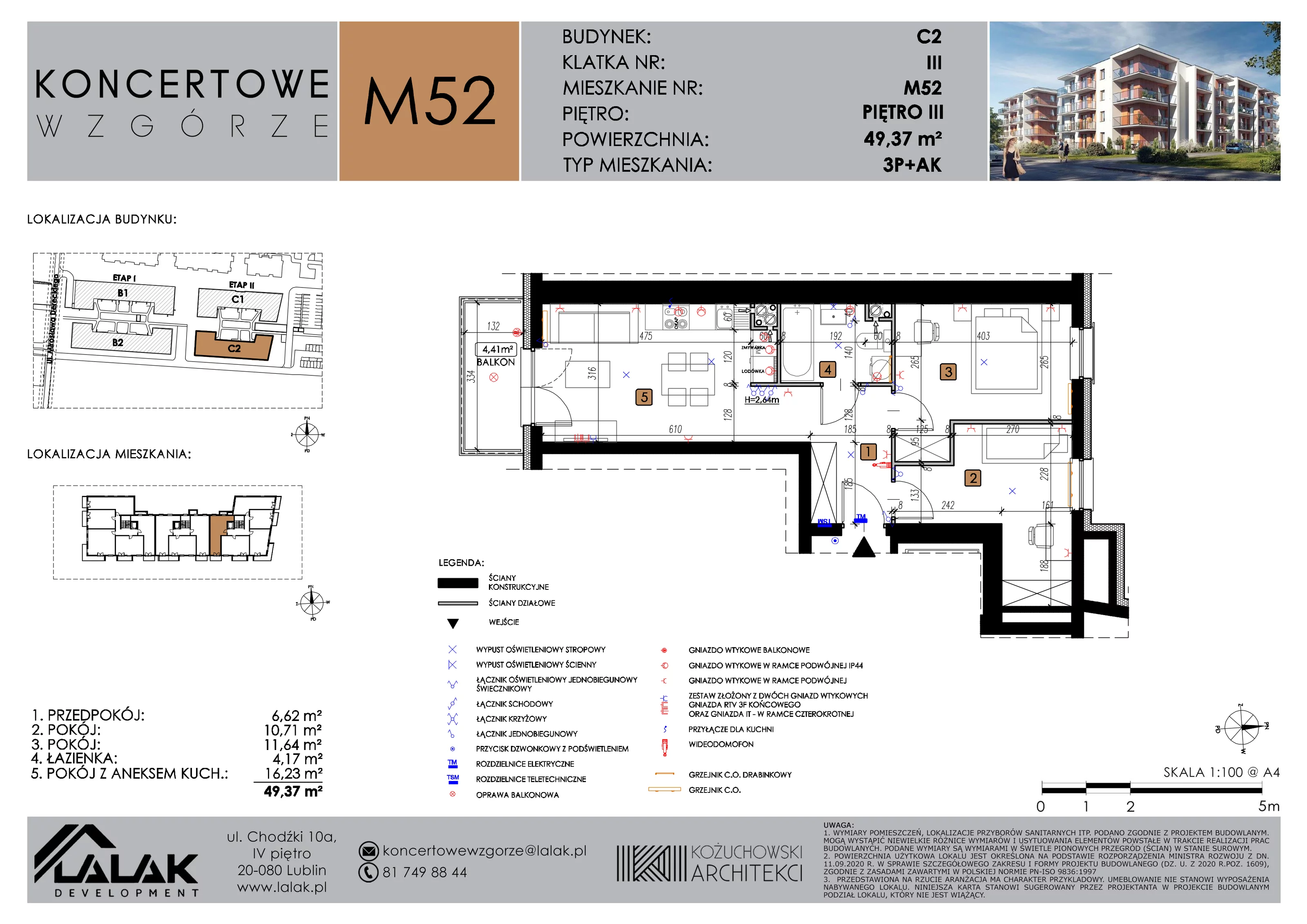 3 pokoje, mieszkanie 49,37 m², piętro 3, oferta nr C2_M52/III, Koncertowe Wzgórze etap 2, Lublin, Czechów Północny, ul. Koncertowa