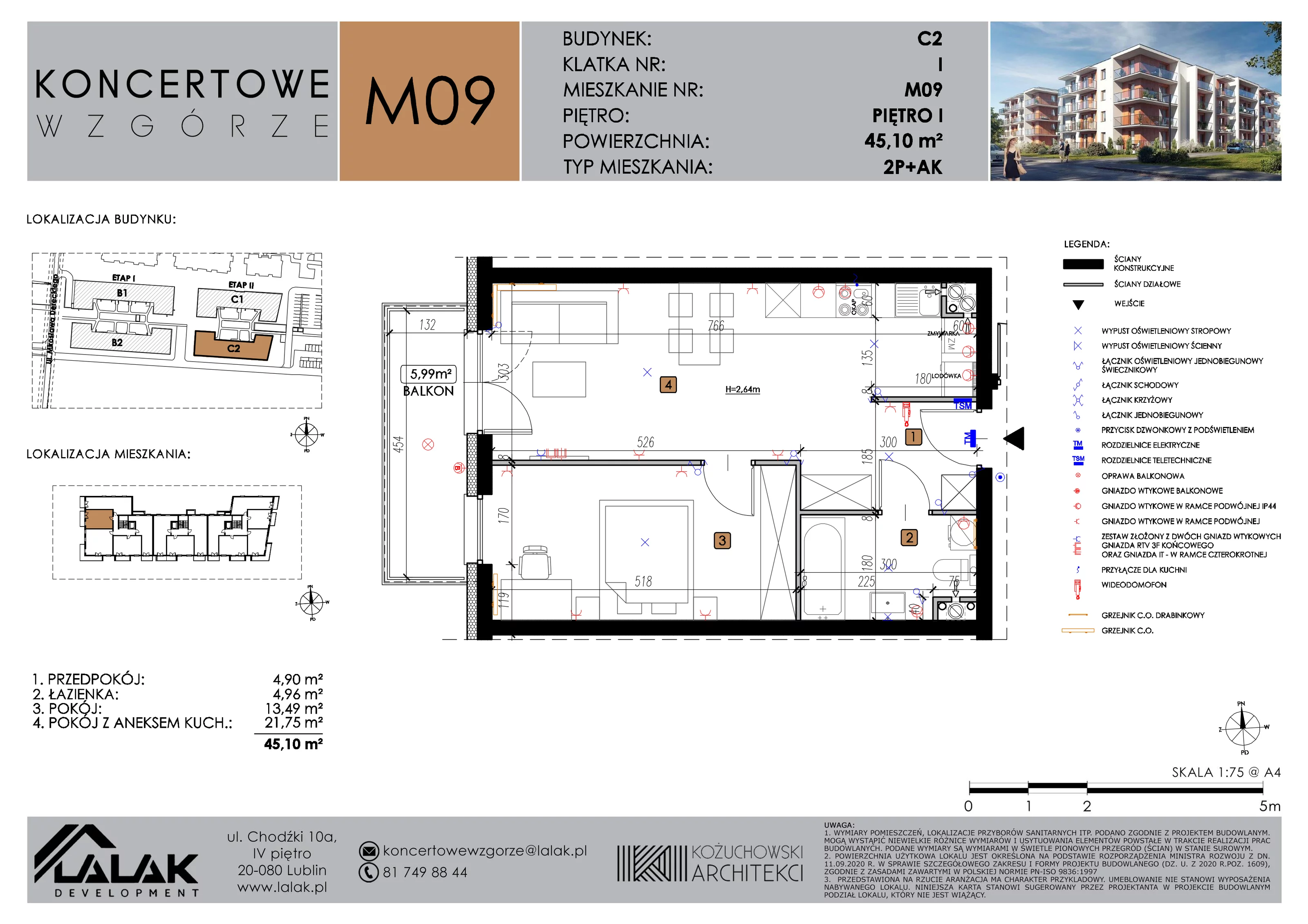 2 pokoje, mieszkanie 45,01 m², piętro 1, oferta nr C2_M9/I, Koncertowe Wzgórze etap 2, Lublin, Czechów Północny, ul. Koncertowa