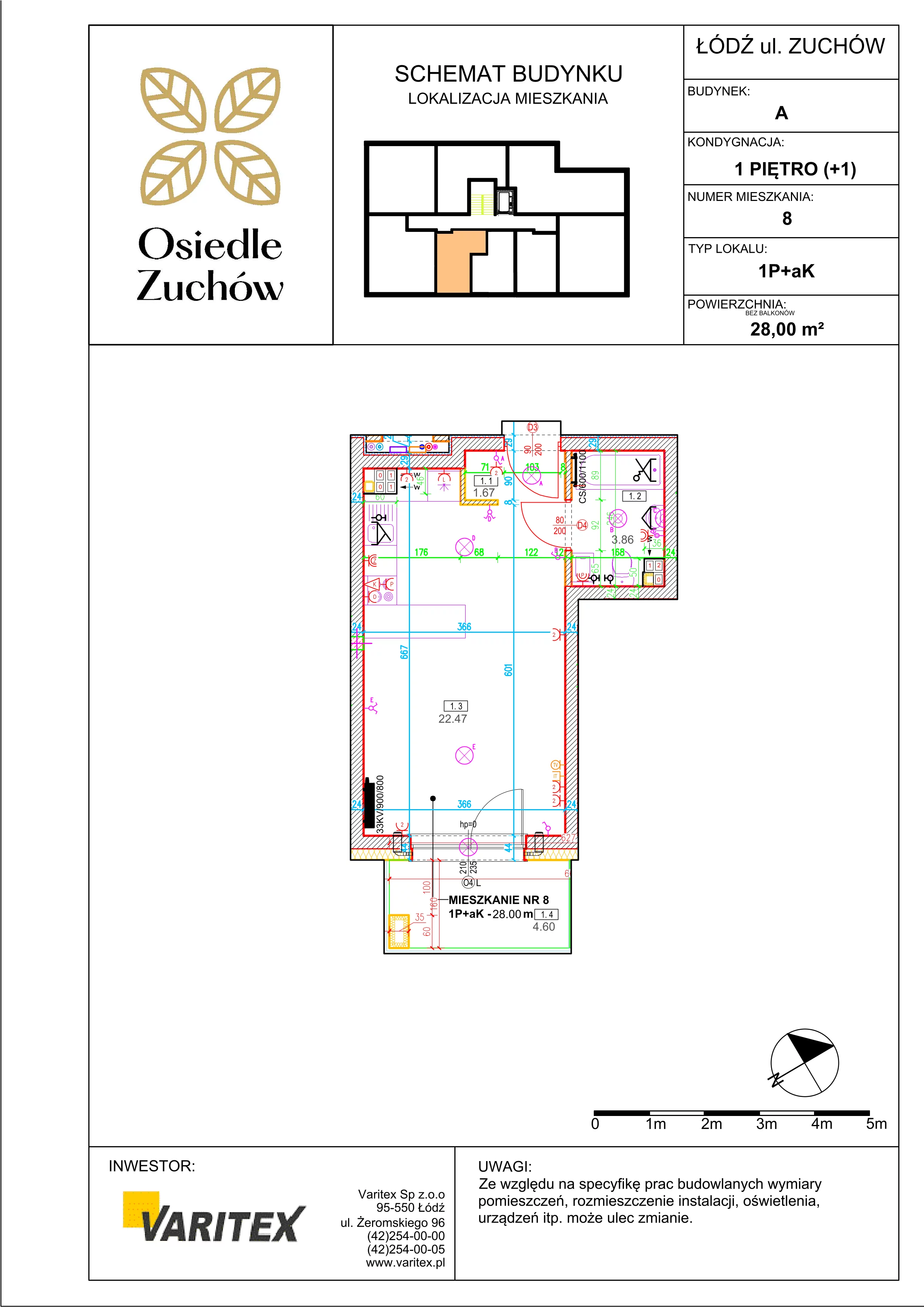 1 pokój, mieszkanie 28,00 m², piętro 1, oferta nr A8, Osiedle Zuchów, Łódź, Górna, Rokicie, ul. Zuchów 4