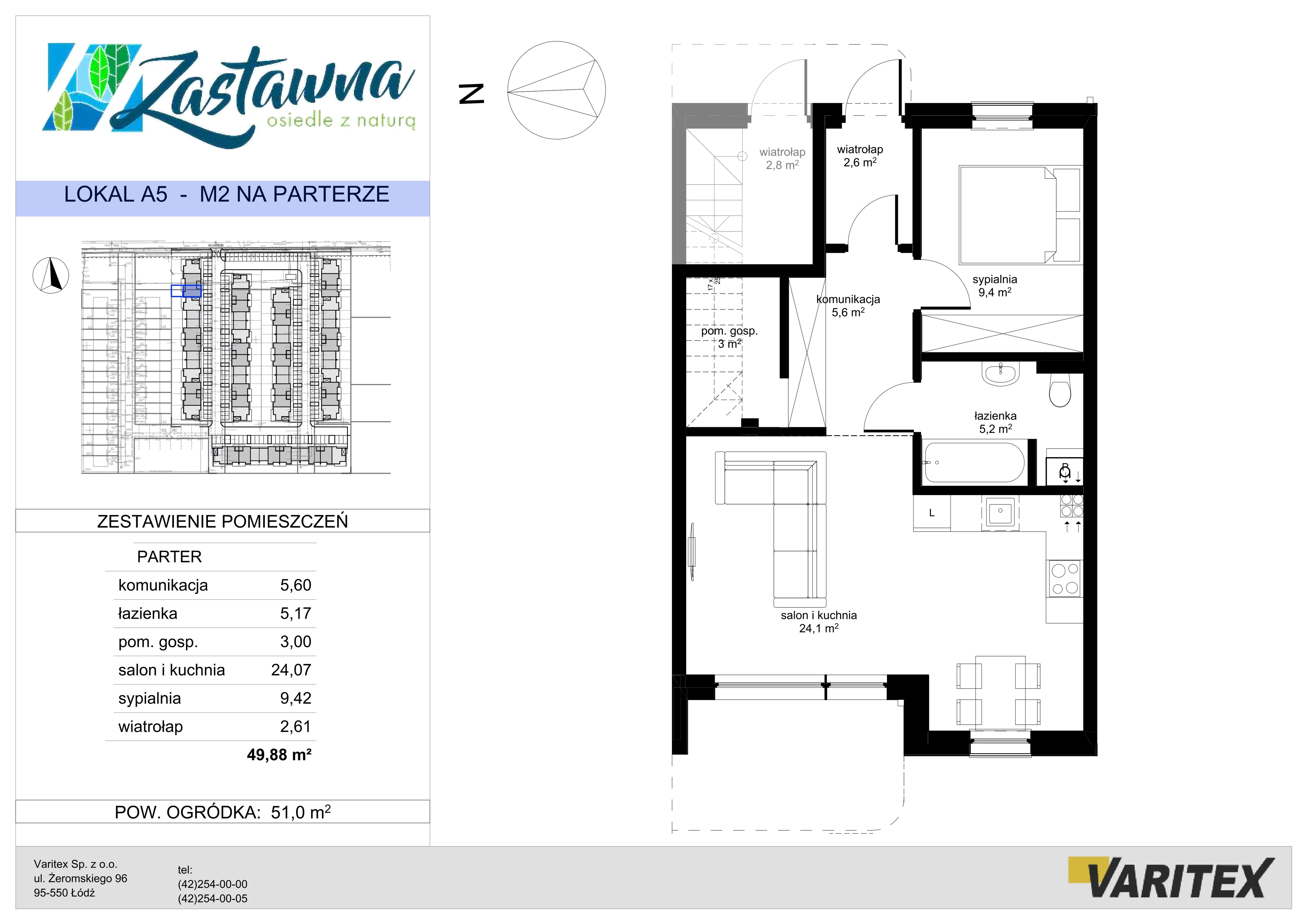 2 pokoje, mieszkanie 49,88 m², parter, oferta nr A.5, Zastawna, Łódź, Górna, ul. Zastawna
