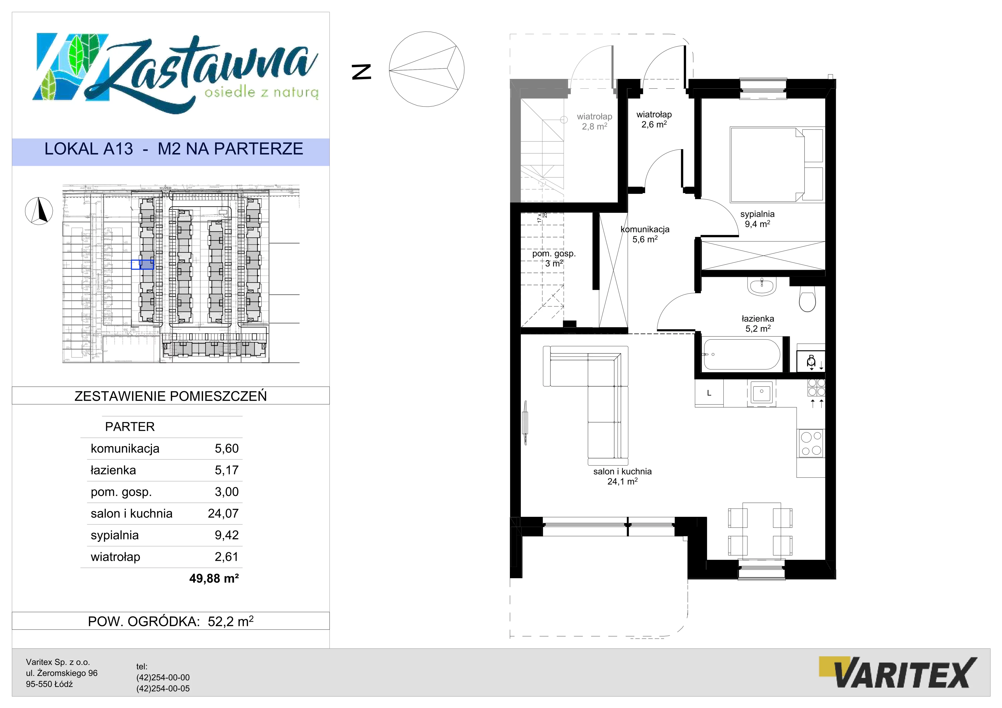 2 pokoje, mieszkanie 49,88 m², parter, oferta nr A.13, Zastawna, Łódź, Górna, ul. Zastawna