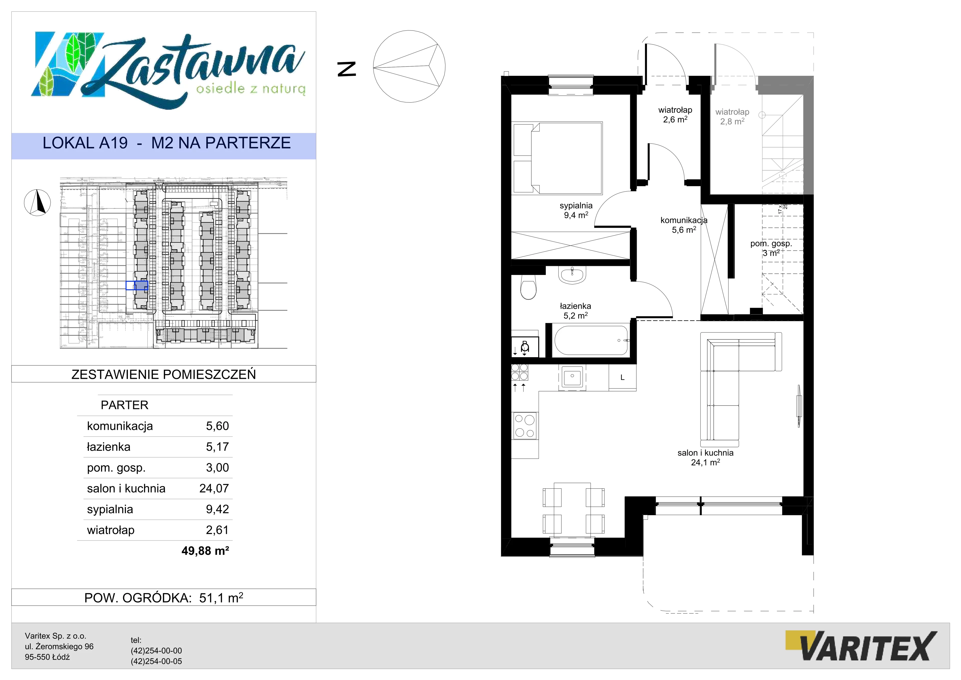 2 pokoje, mieszkanie 49,88 m², parter, oferta nr A.19, Zastawna, Łódź, Górna, ul. Zastawna