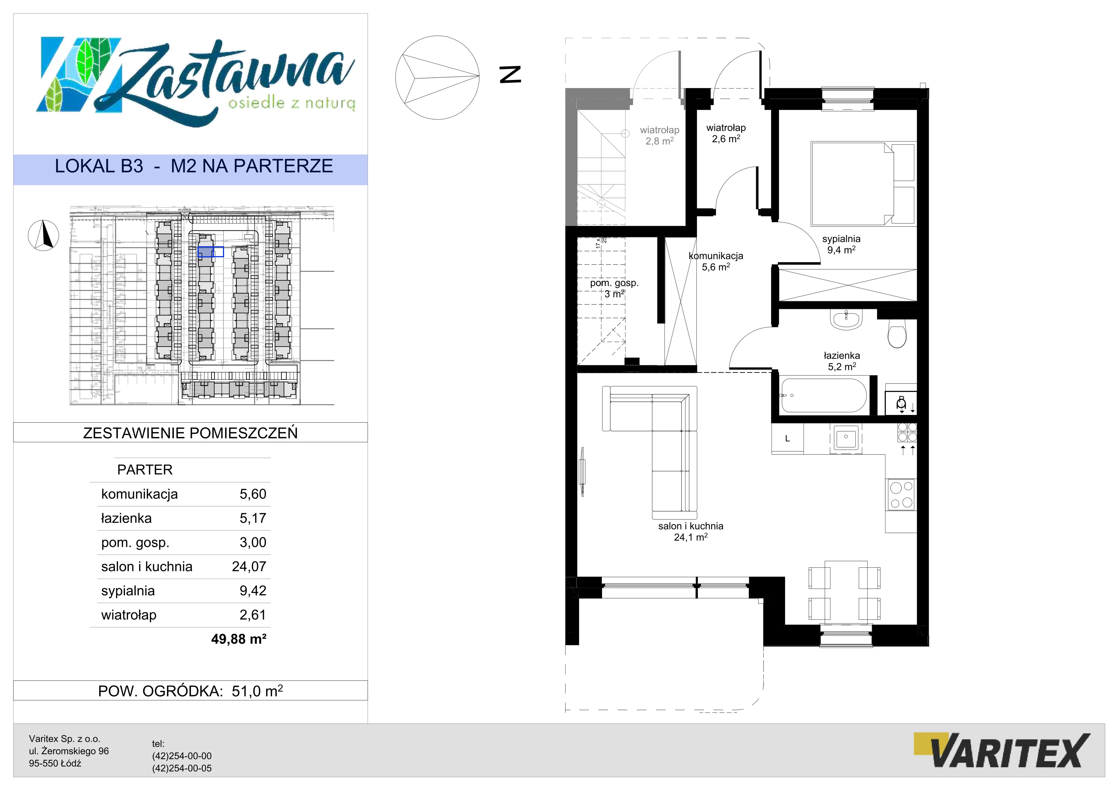2 pokoje, mieszkanie 49,88 m², parter, oferta nr B.3, Zastawna, Łódź, Górna, ul. Zastawna