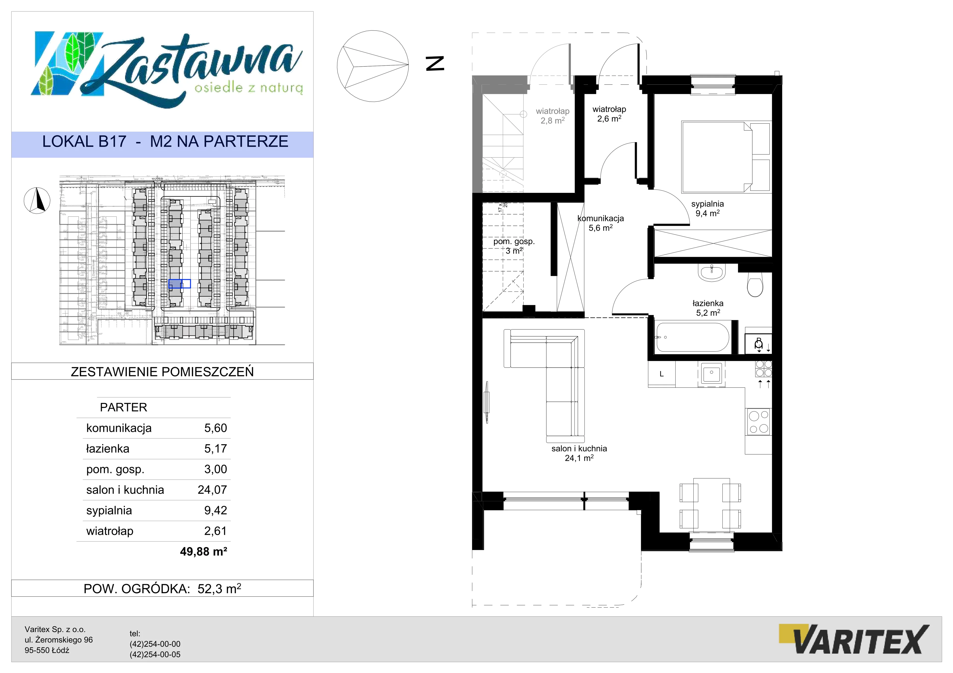 2 pokoje, mieszkanie 49,88 m², parter, oferta nr B.17, Zastawna, Łódź, Górna, ul. Zastawna