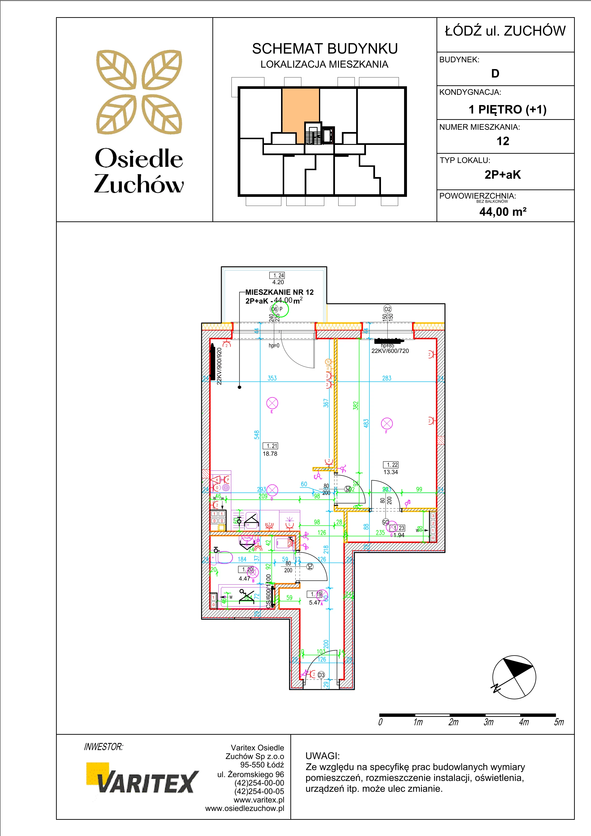 2 pokoje, mieszkanie 44,00 m², piętro 1, oferta nr D12, Osiedle Zuchów, Łódź, Górna, Rokicie, ul. Zuchów 4
