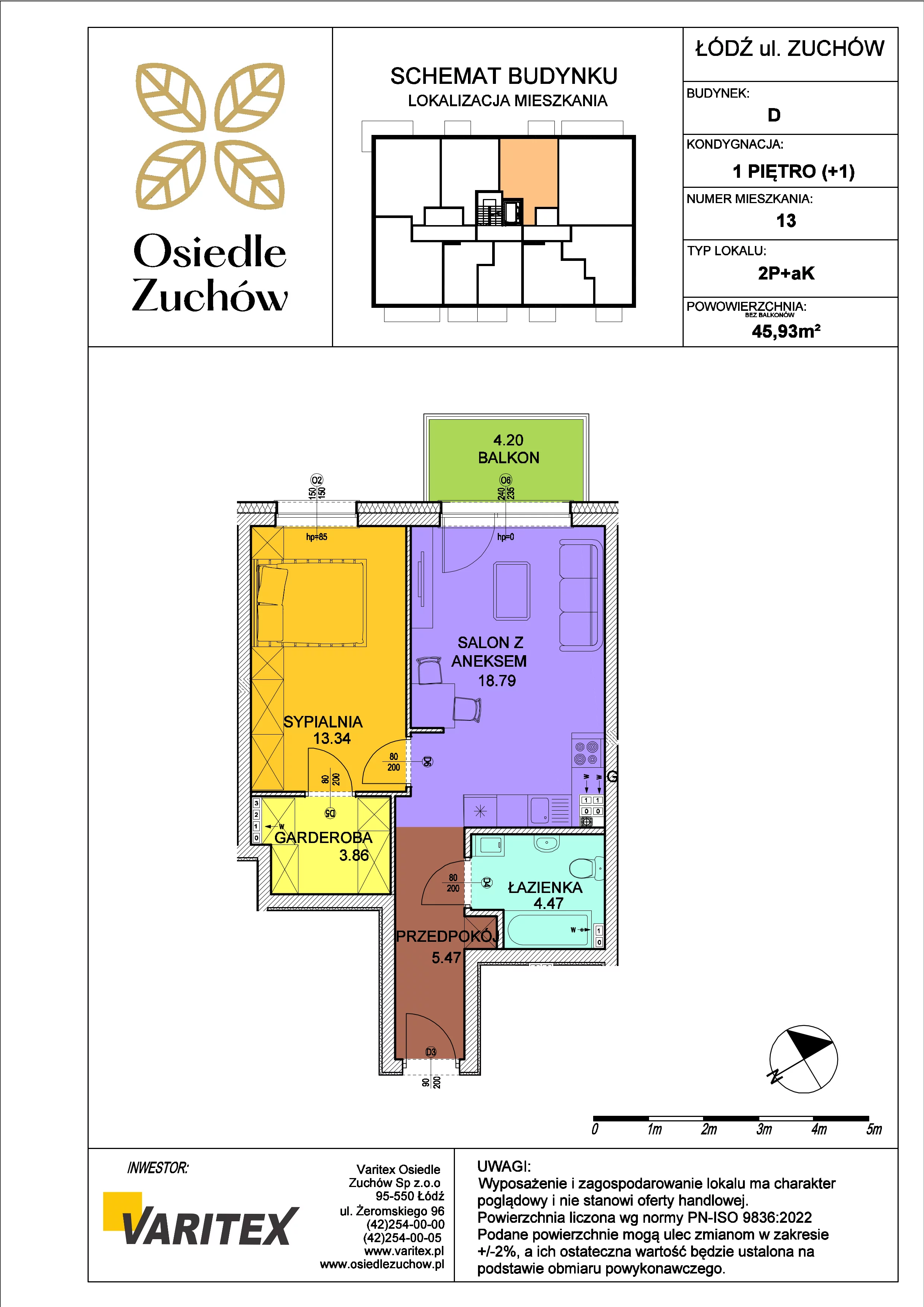 2 pokoje, mieszkanie 45,93 m², piętro 1, oferta nr D13, Osiedle Zuchów, Łódź, Górna, Rokicie, ul. Zuchów 4