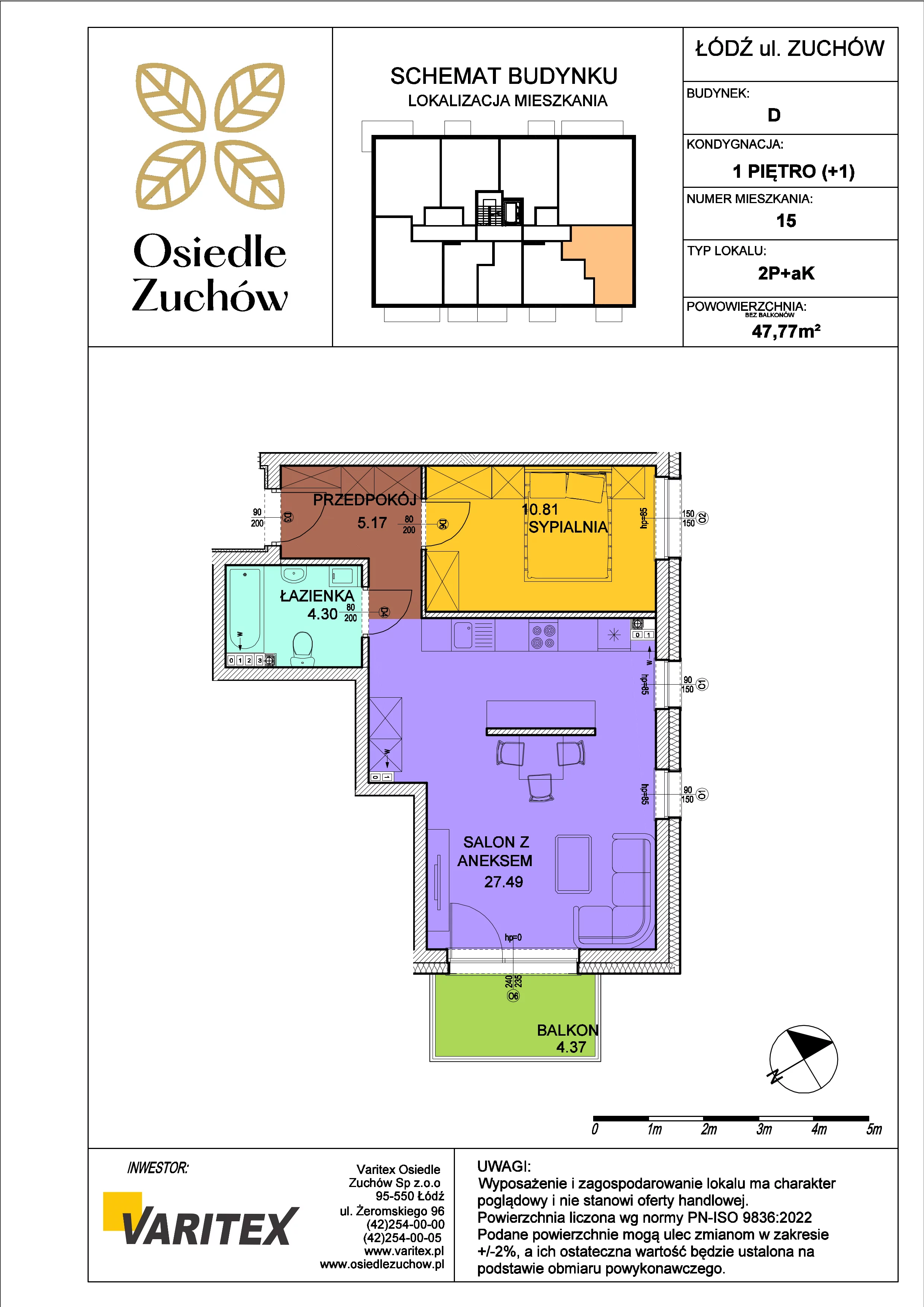 2 pokoje, mieszkanie 47,77 m², piętro 1, oferta nr D15, Osiedle Zuchów, Łódź, Górna, Rokicie, ul. Zuchów 4