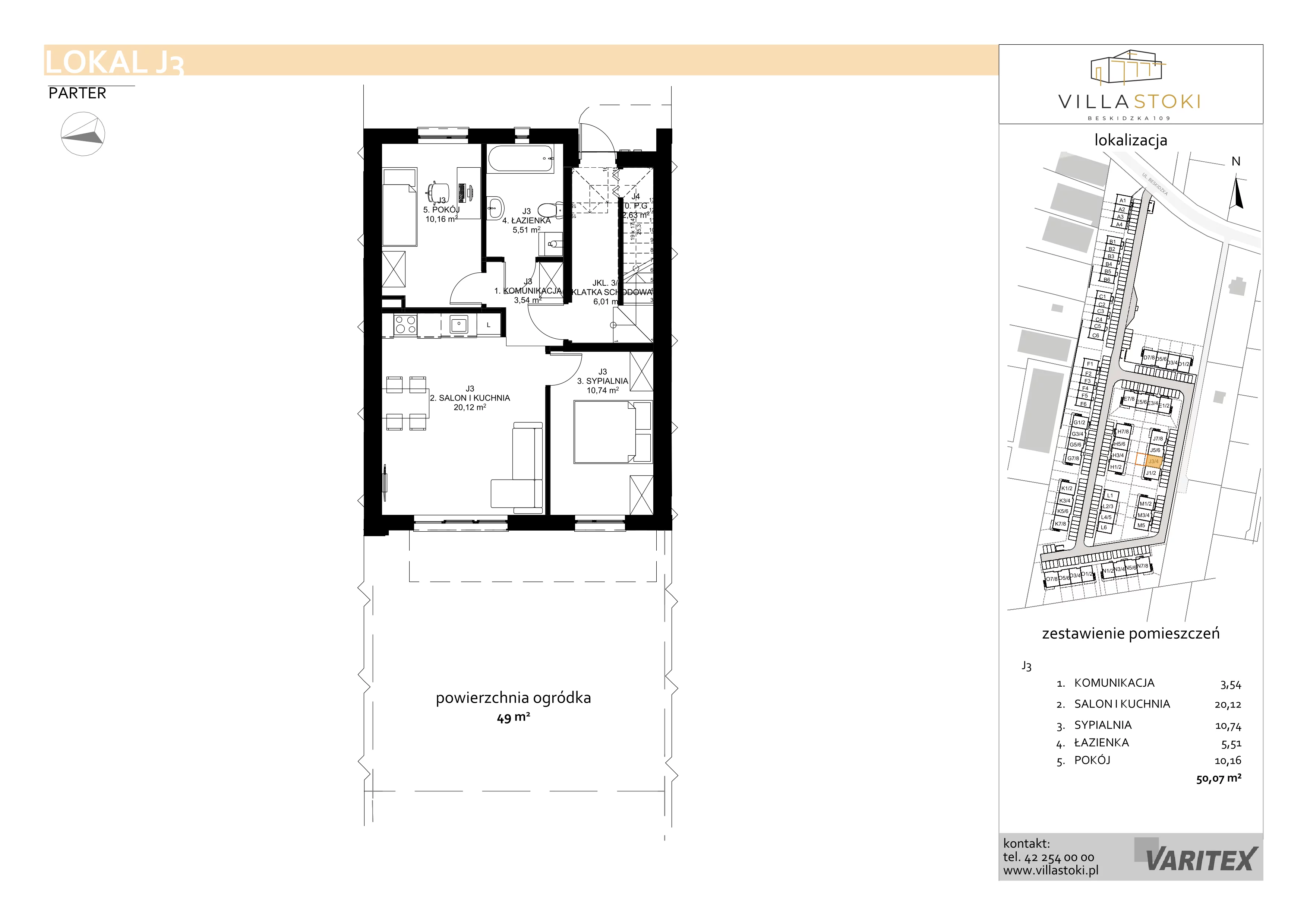 3 pokoje, mieszkanie 50,07 m², parter, oferta nr J3, Villa Stoki, Łódź, Widzew, ul. Beskidzka 109