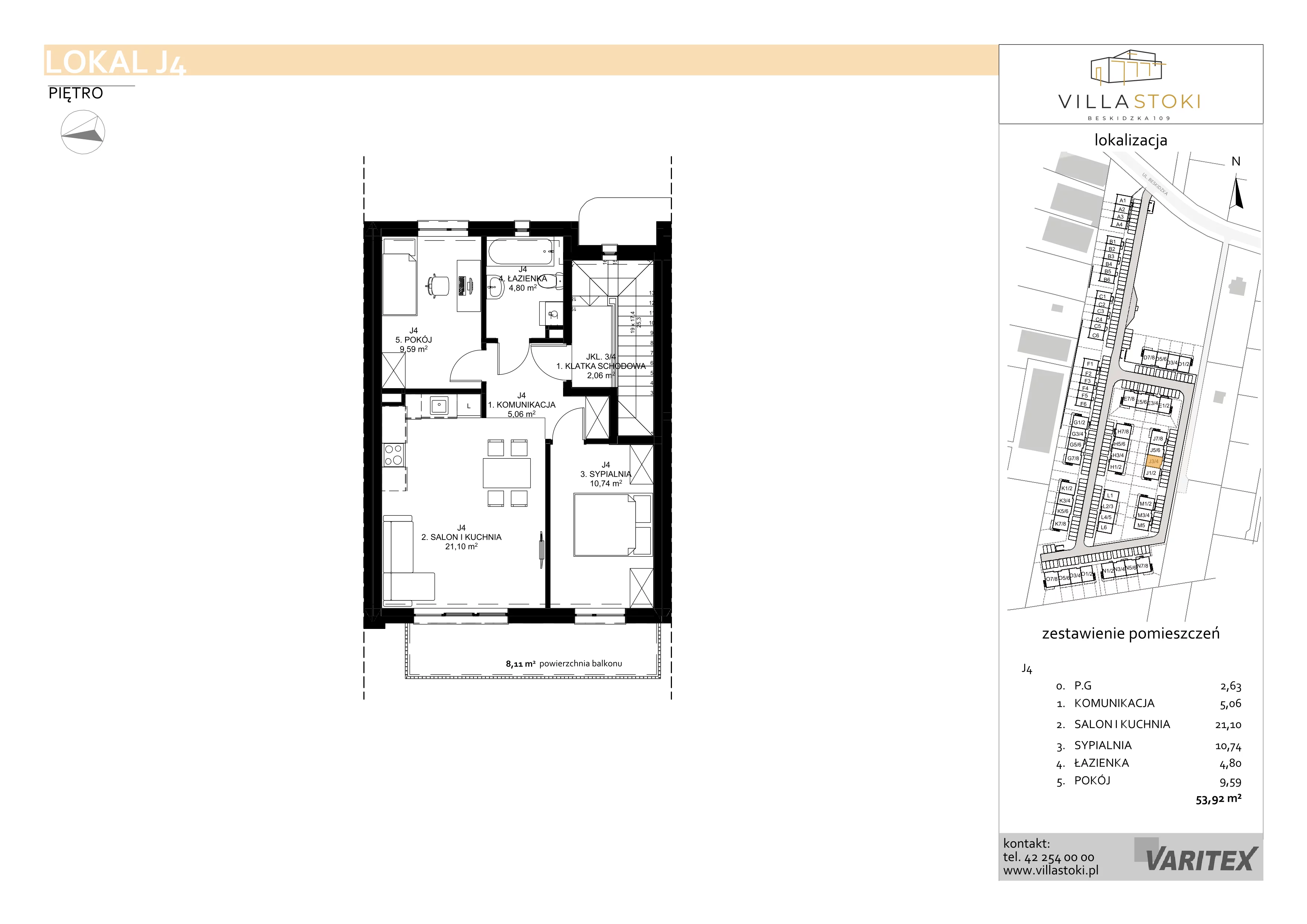 3 pokoje, mieszkanie 53,92 m², piętro 1, oferta nr J4, Villa Stoki, Łódź, Widzew, ul. Beskidzka 109