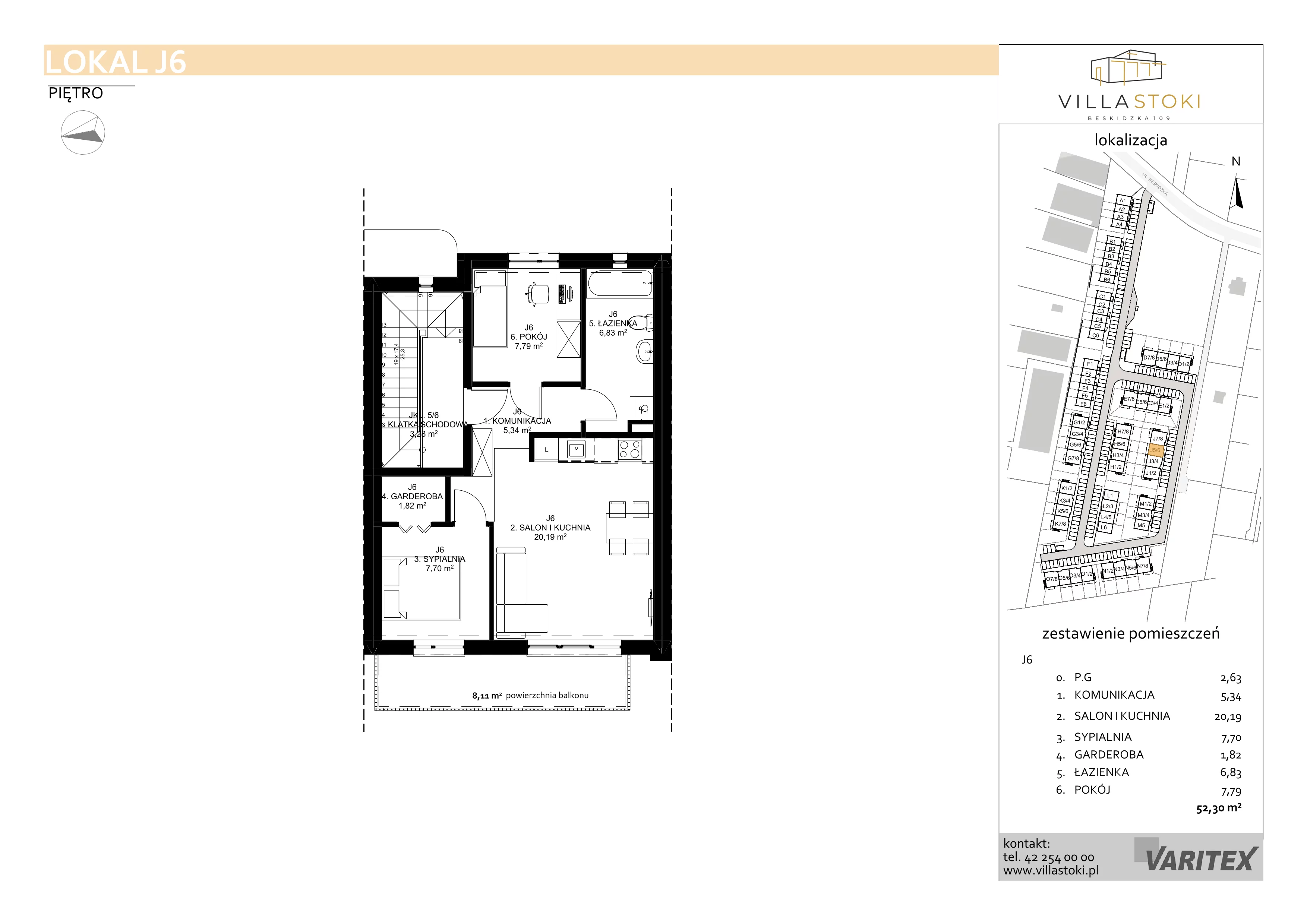 3 pokoje, mieszkanie 52,30 m², piętro 1, oferta nr J6, Villa Stoki, Łódź, Widzew, ul. Beskidzka 109