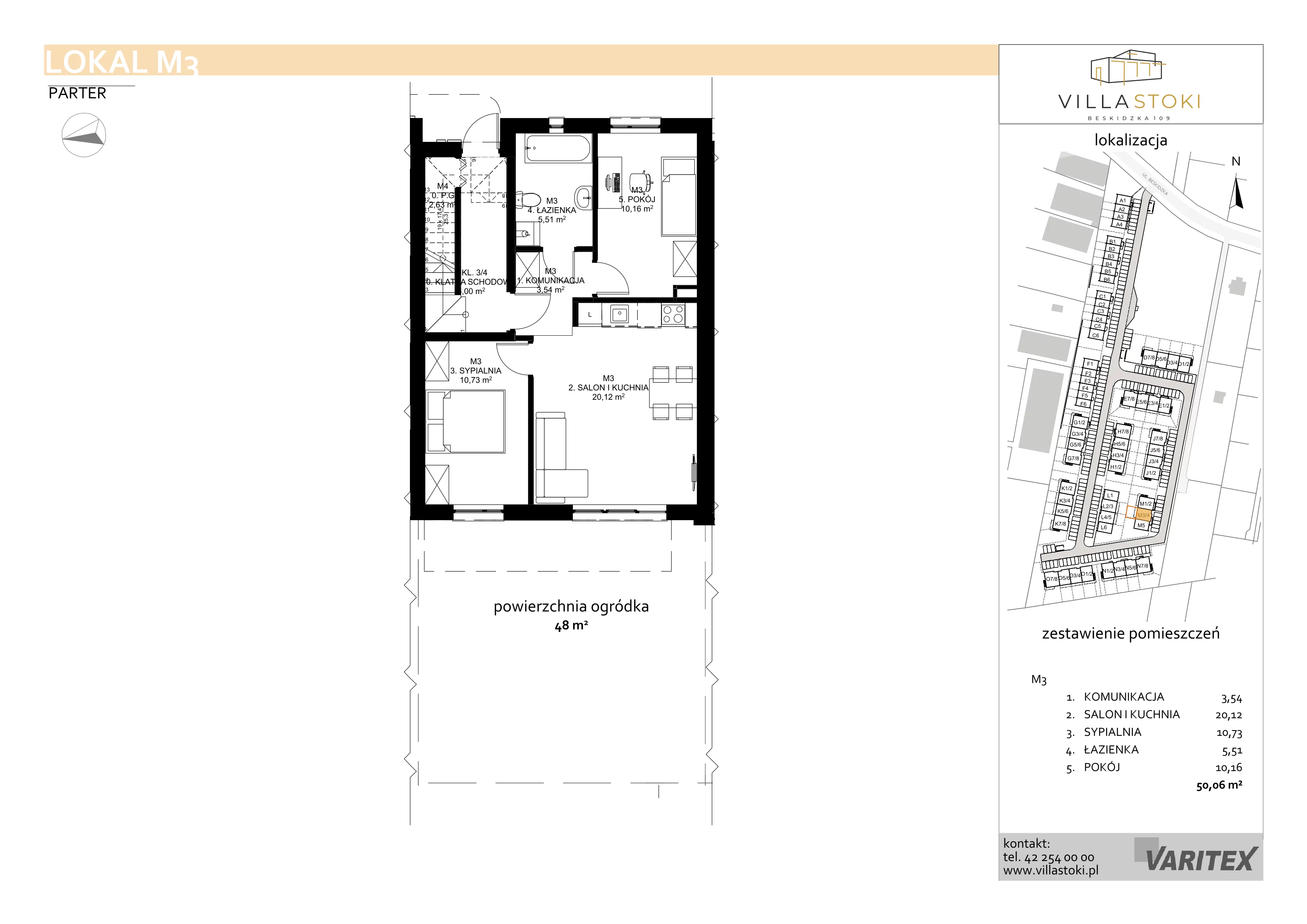 3 pokoje, mieszkanie 50,06 m², parter, oferta nr M3, Villa Stoki, Łódź, Widzew, ul. Beskidzka 109