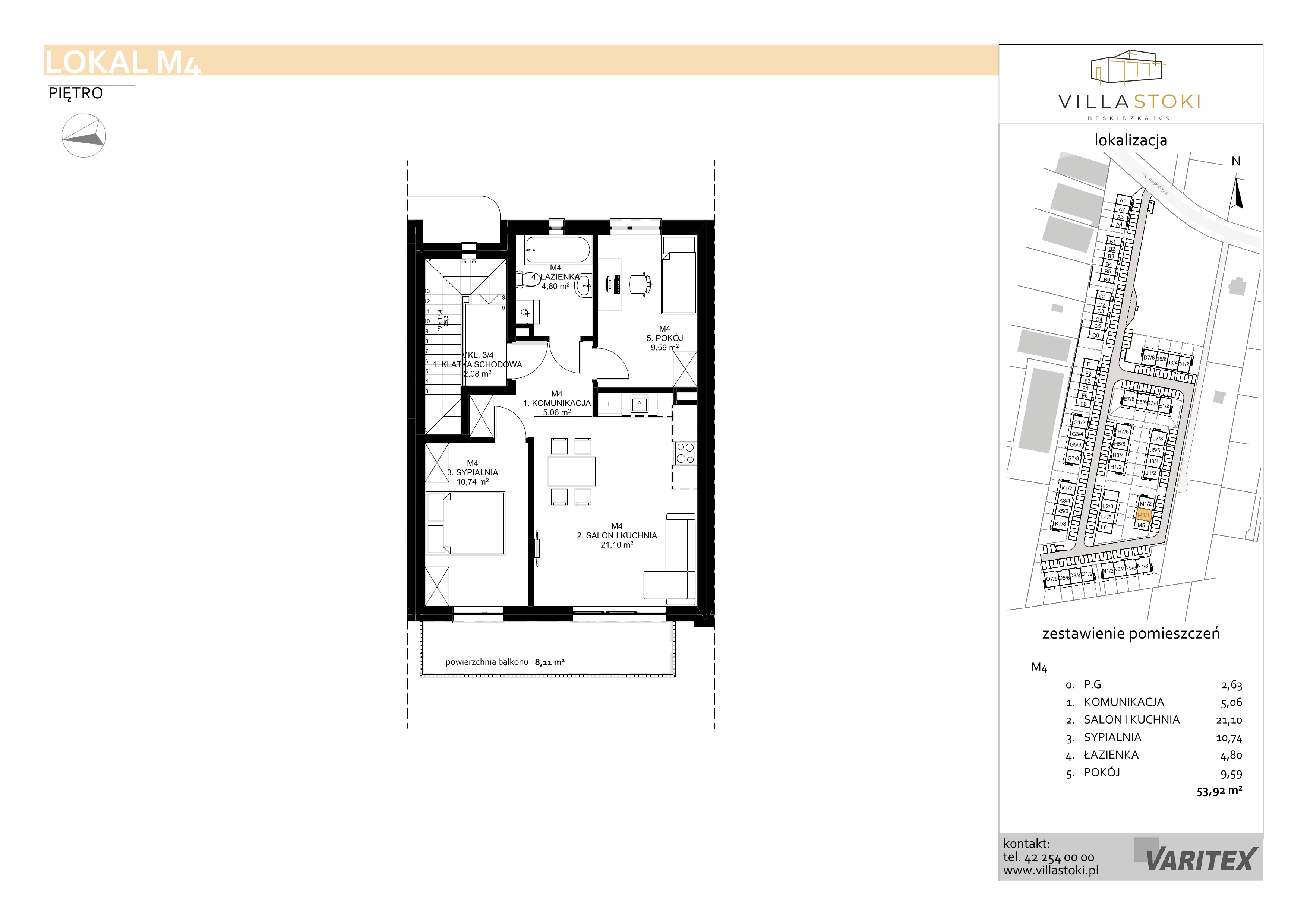3 pokoje, mieszkanie 53,92 m², piętro 1, oferta nr M4, Villa Stoki, Łódź, Widzew, ul. Beskidzka 109