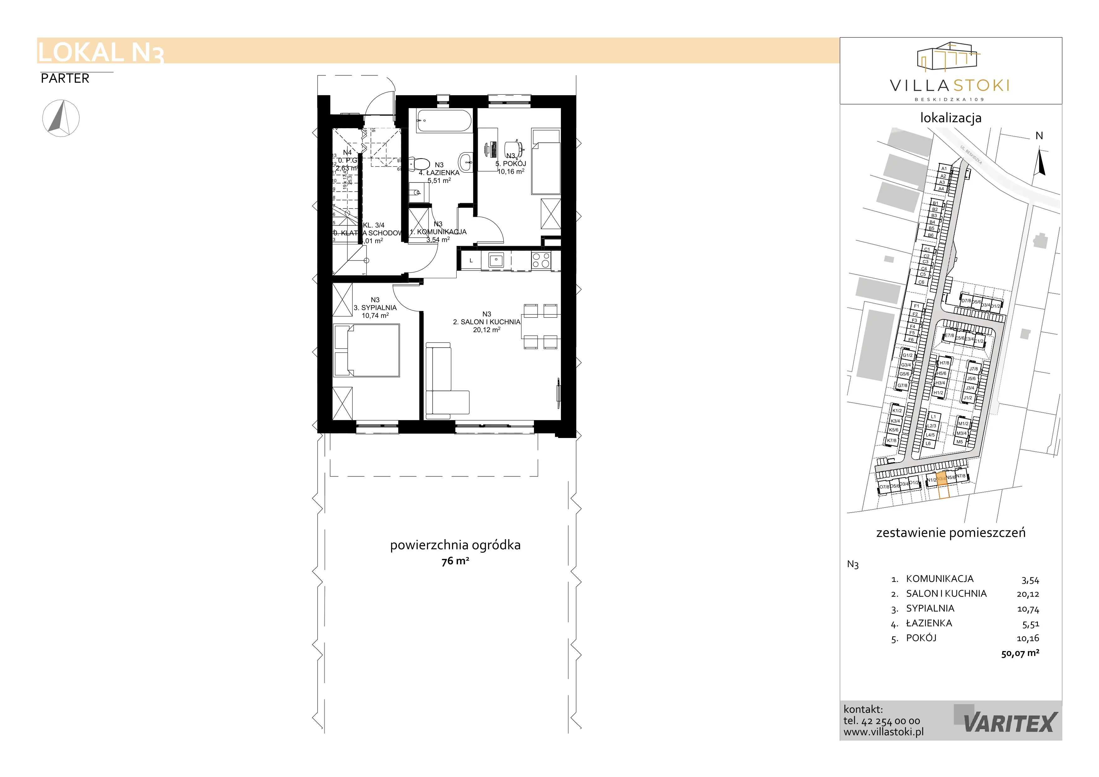 3 pokoje, mieszkanie 50,07 m², parter, oferta nr N3, Villa Stoki, Łódź, Widzew, ul. Beskidzka 109