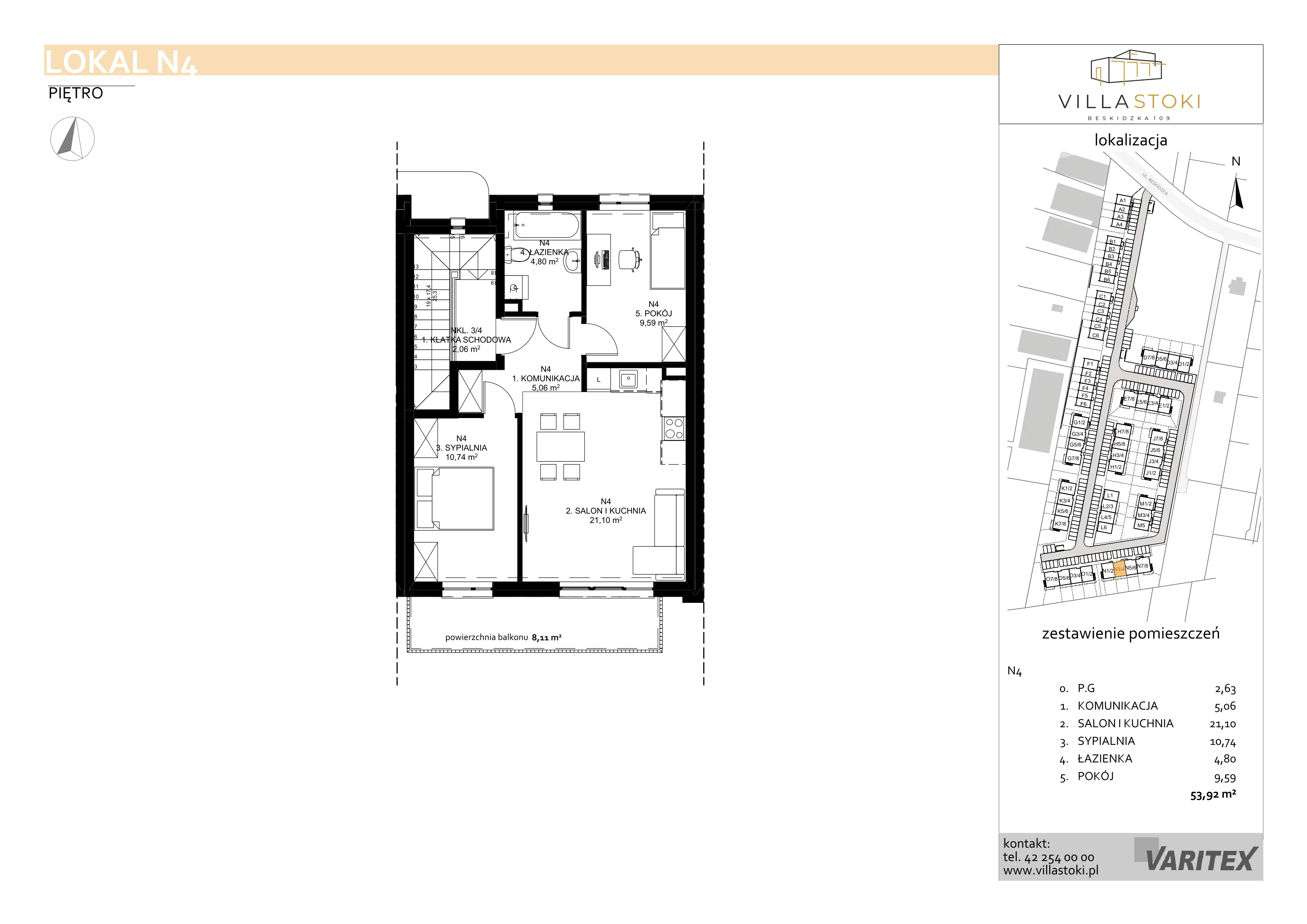 3 pokoje, mieszkanie 53,92 m², piętro 1, oferta nr N4, Villa Stoki, Łódź, Widzew, ul. Beskidzka 109