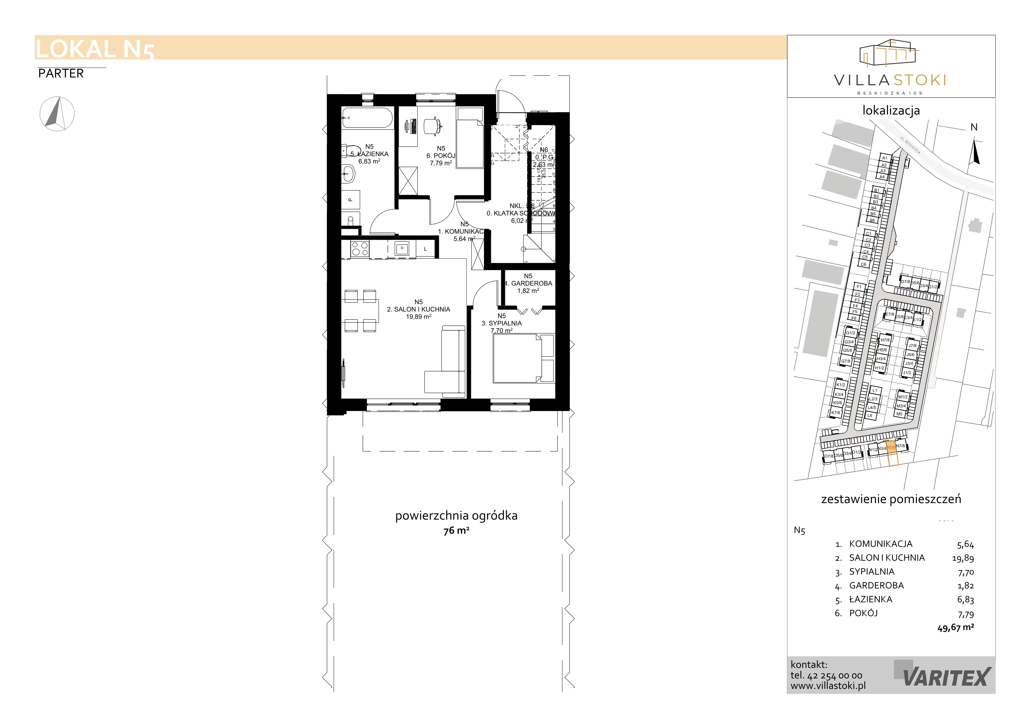 3 pokoje, mieszkanie 49,67 m², parter, oferta nr N5, Villa Stoki, Łódź, Widzew, ul. Beskidzka 109