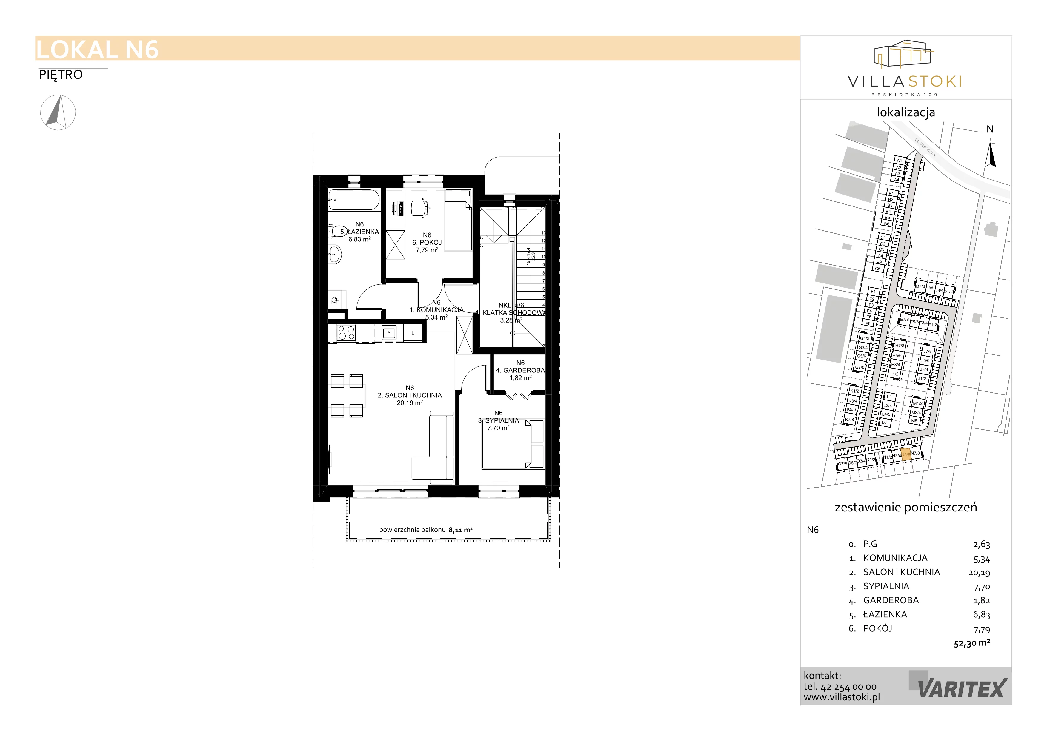 3 pokoje, mieszkanie 52,30 m², piętro 1, oferta nr N6, Villa Stoki, Łódź, Widzew, ul. Beskidzka 109