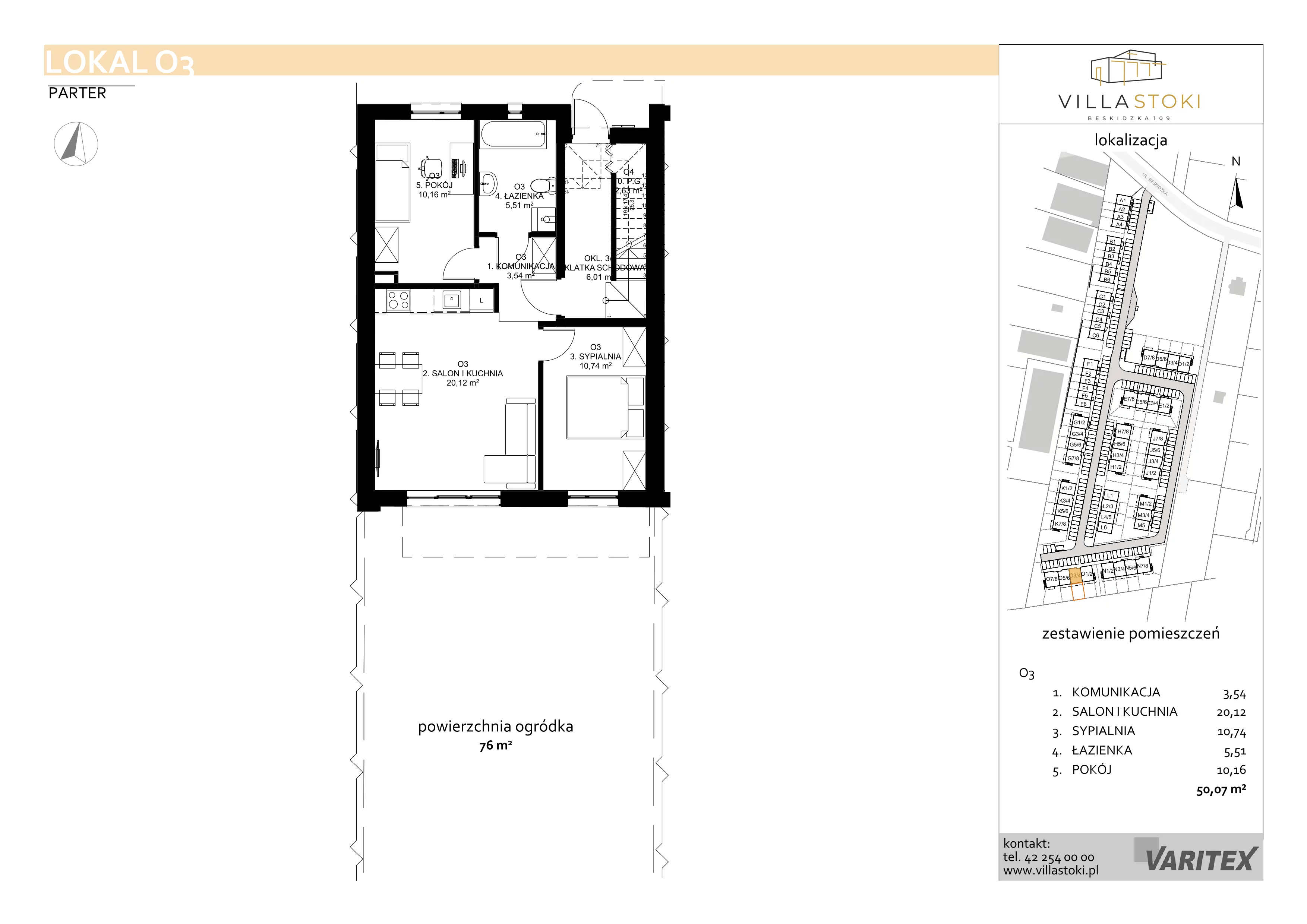 3 pokoje, mieszkanie 50,07 m², parter, oferta nr O3, Villa Stoki, Łódź, Widzew, ul. Beskidzka 109