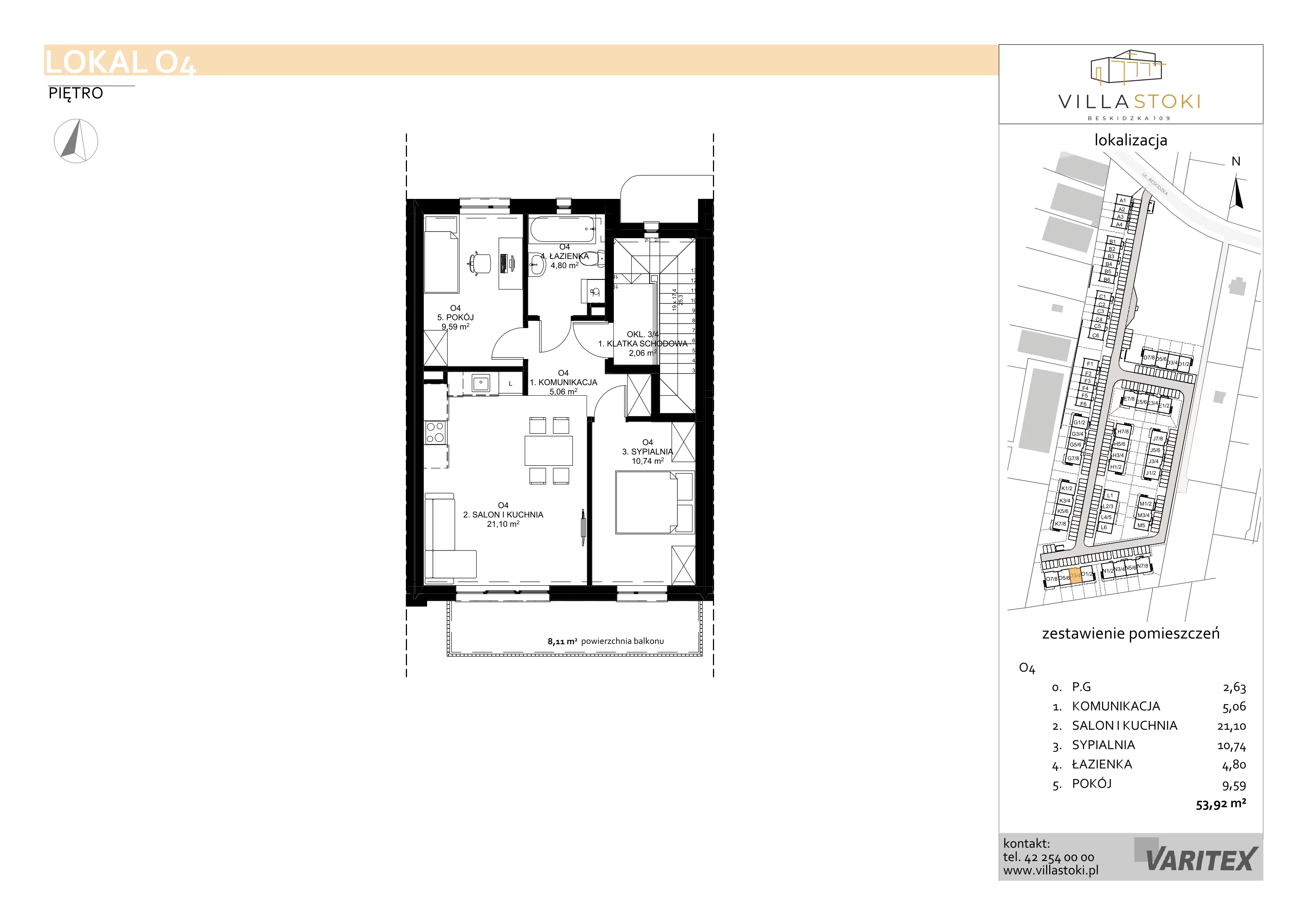 3 pokoje, mieszkanie 53,92 m², piętro 1, oferta nr O4, Villa Stoki, Łódź, Widzew, ul. Beskidzka 109